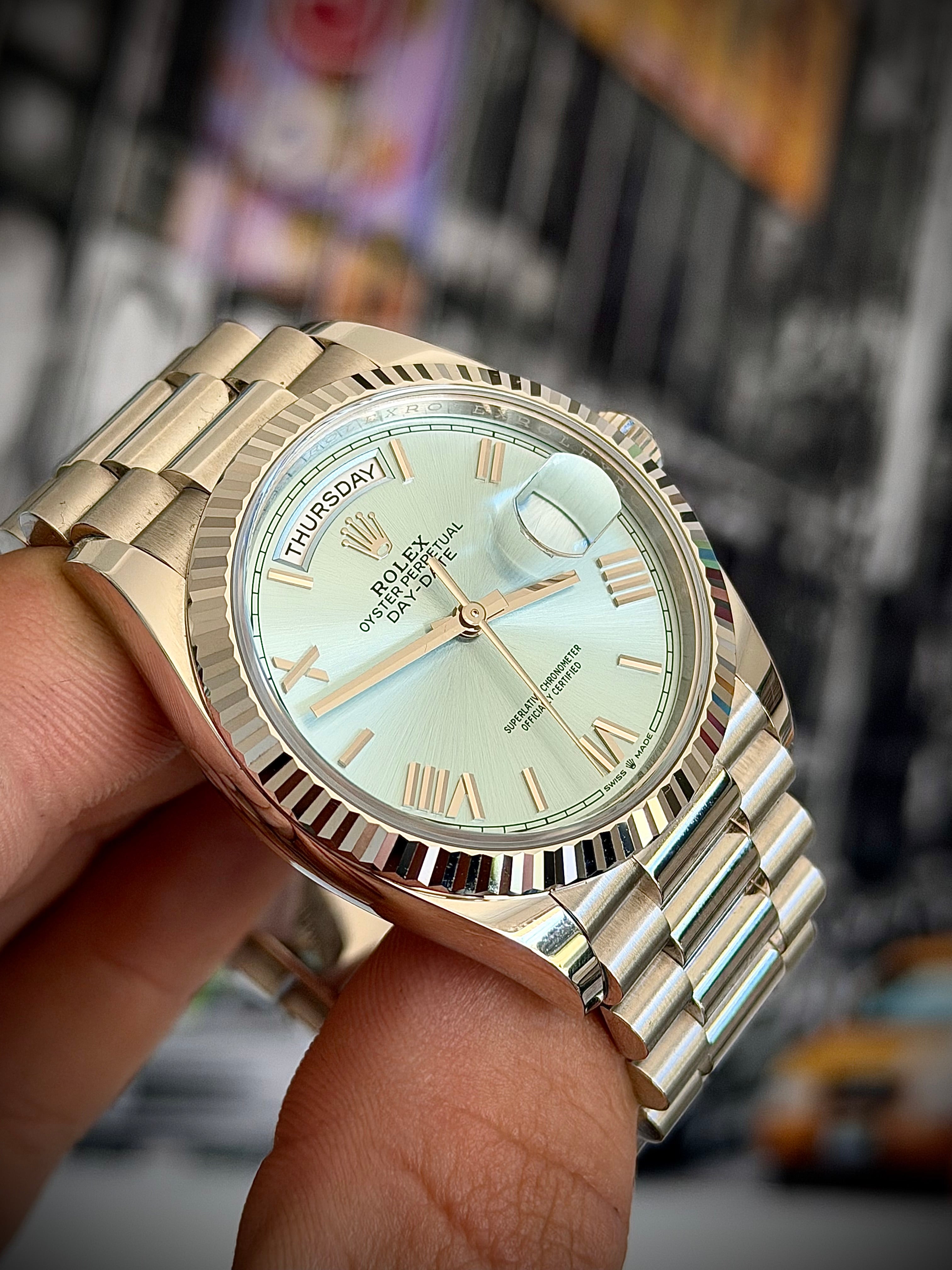 2025 ROLEX DAY-DATE 36 PLATINUM, ICE BLUE ROMAN DIAL, 128236, FULL SET, INC GST