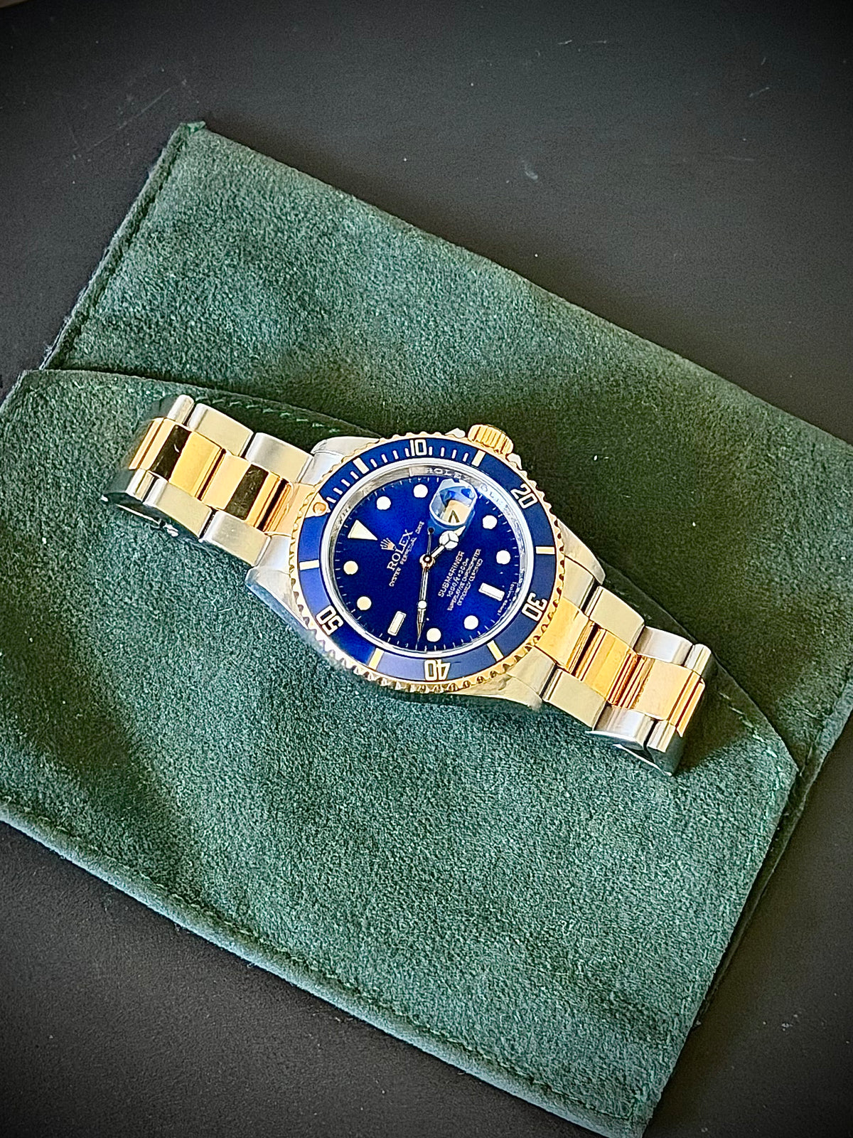 2009 ROLEX SUBMARINER DATE “BLUESY”, 16613LB, ENGRAVED REHAUT, NO HOLES CASE, SOLID END LINKS, WATCH ONLY, INC GST