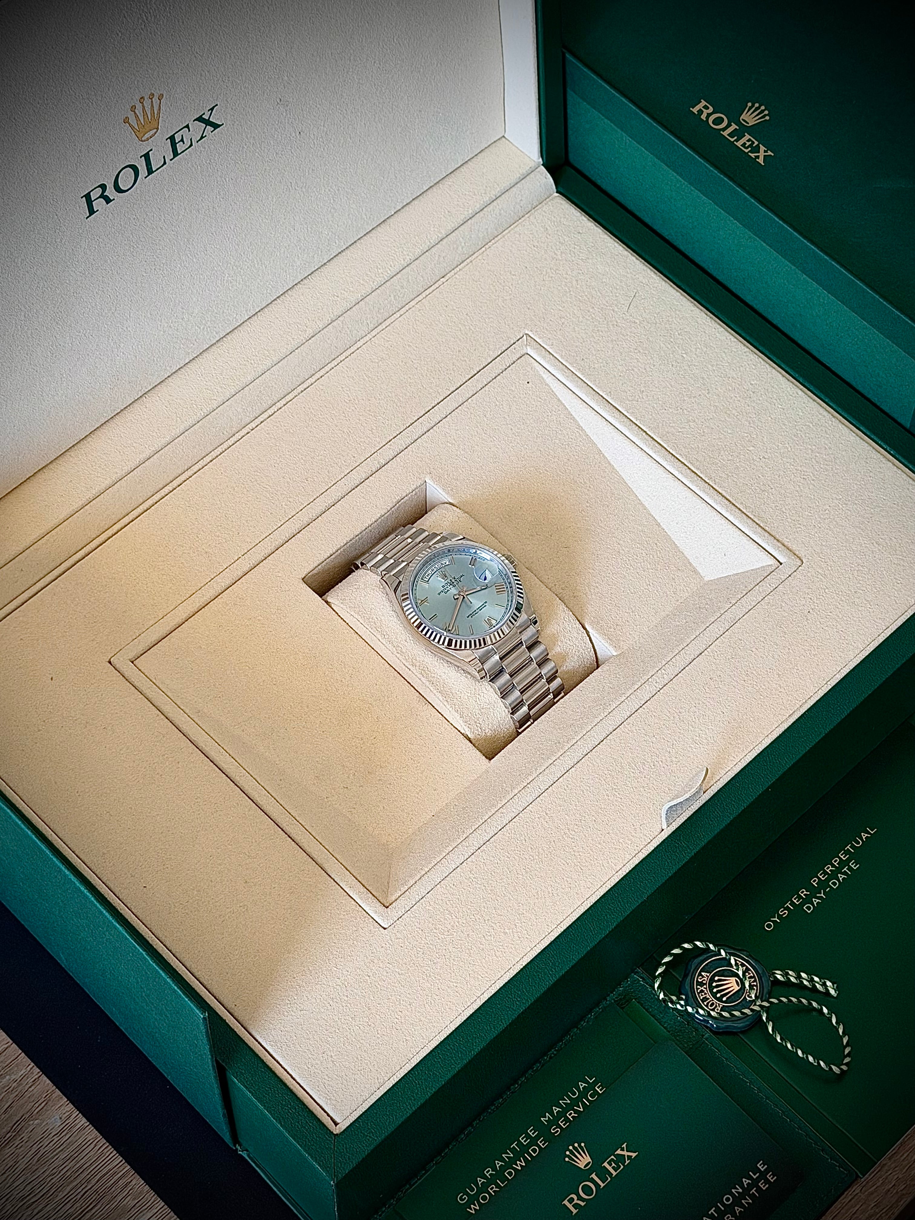 2025 ROLEX DAY-DATE 36 PLATINUM, ICE BLUE ROMAN DIAL, 128236, FULL SET, INC GST
