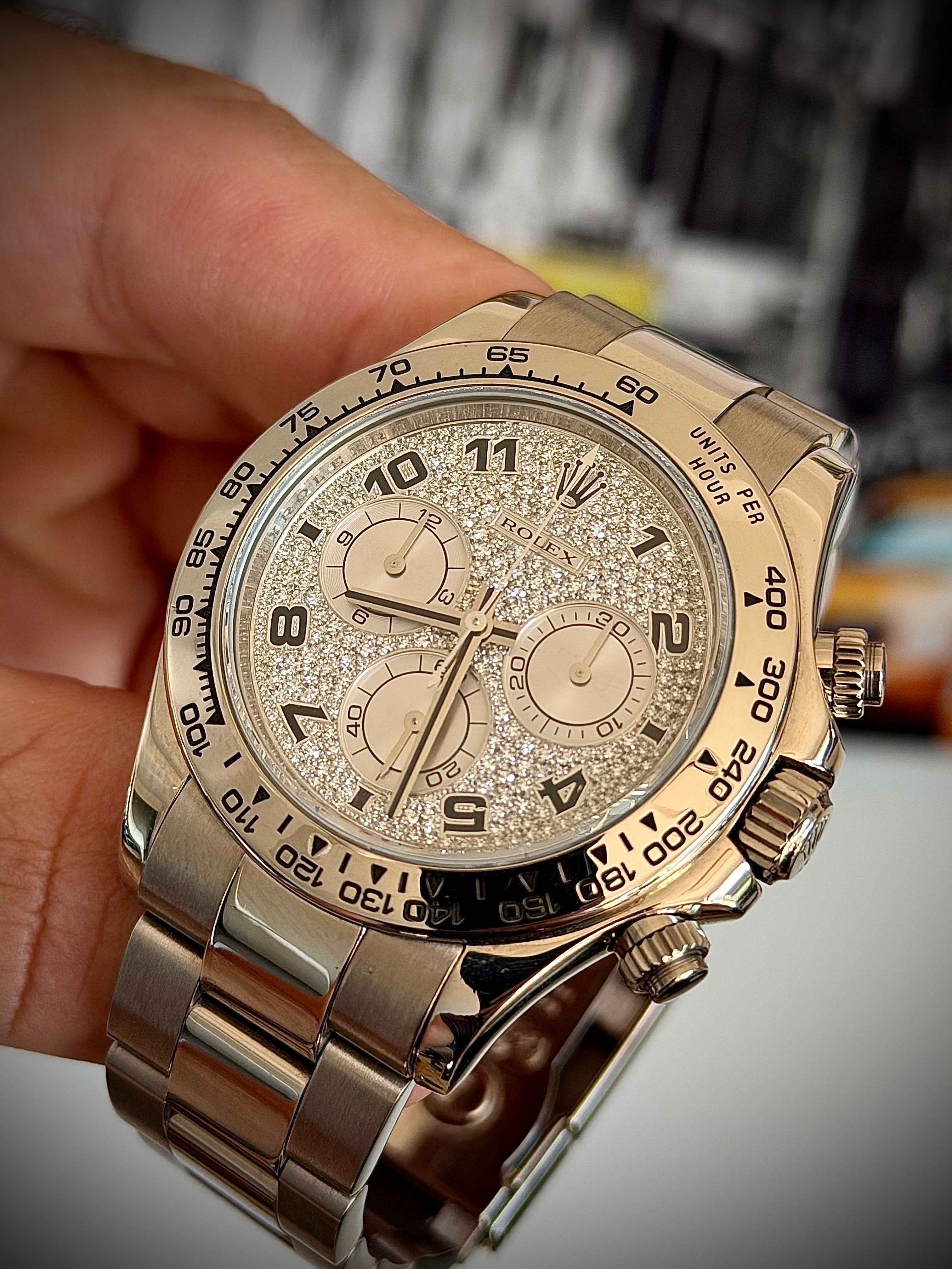 2008 ROLEX DAYTONA 18CT WHITE GOLD, 116509, FACTORY DIAMOND PAVÉ ARABIC DIAL, FULL SET, INC GST