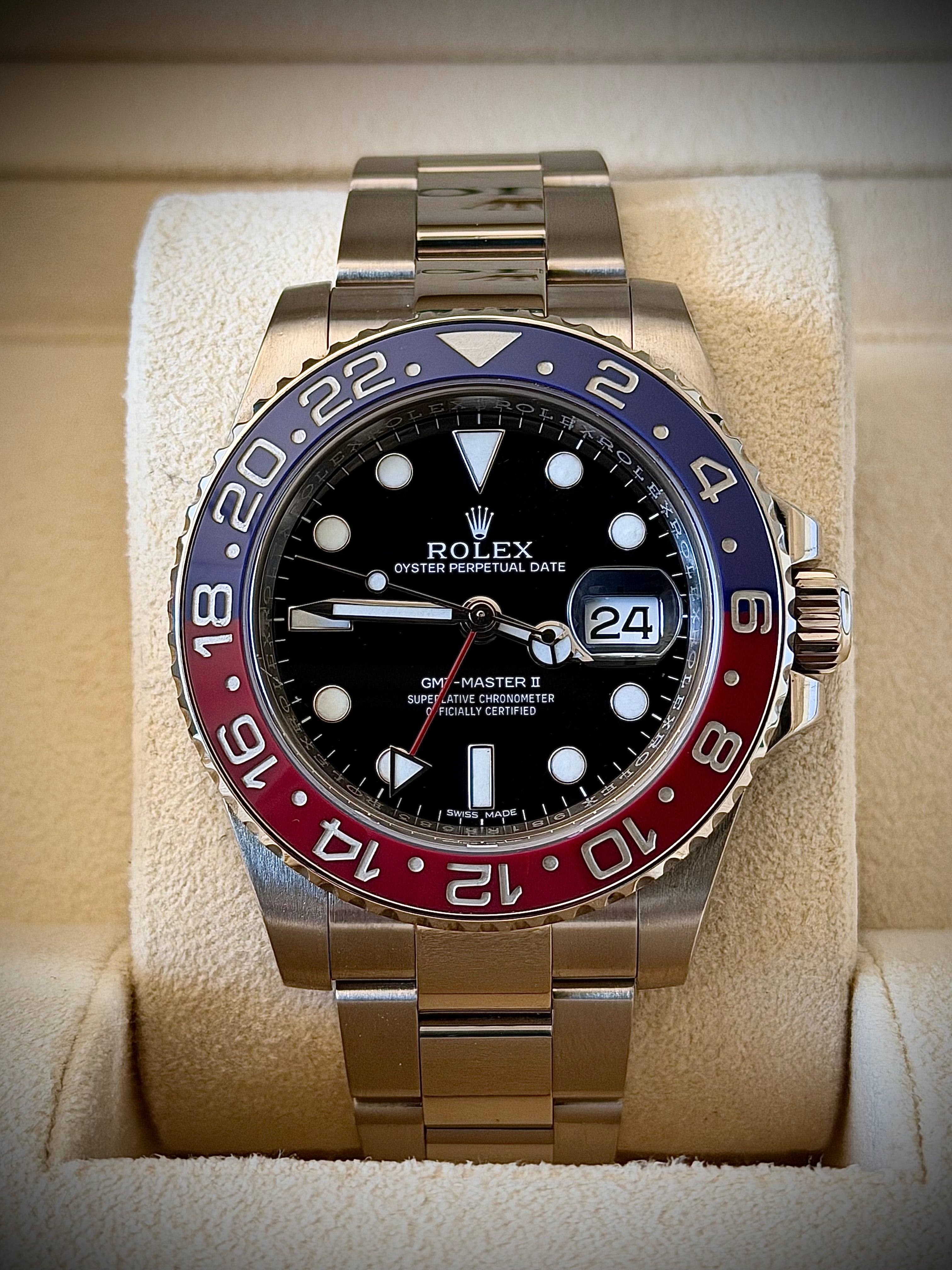 2017 ROLEX GMT MASTER II, PEPSI, WHITE GOLD, BLACK DIAL, 116719BLRO, FULL SET, INC GST