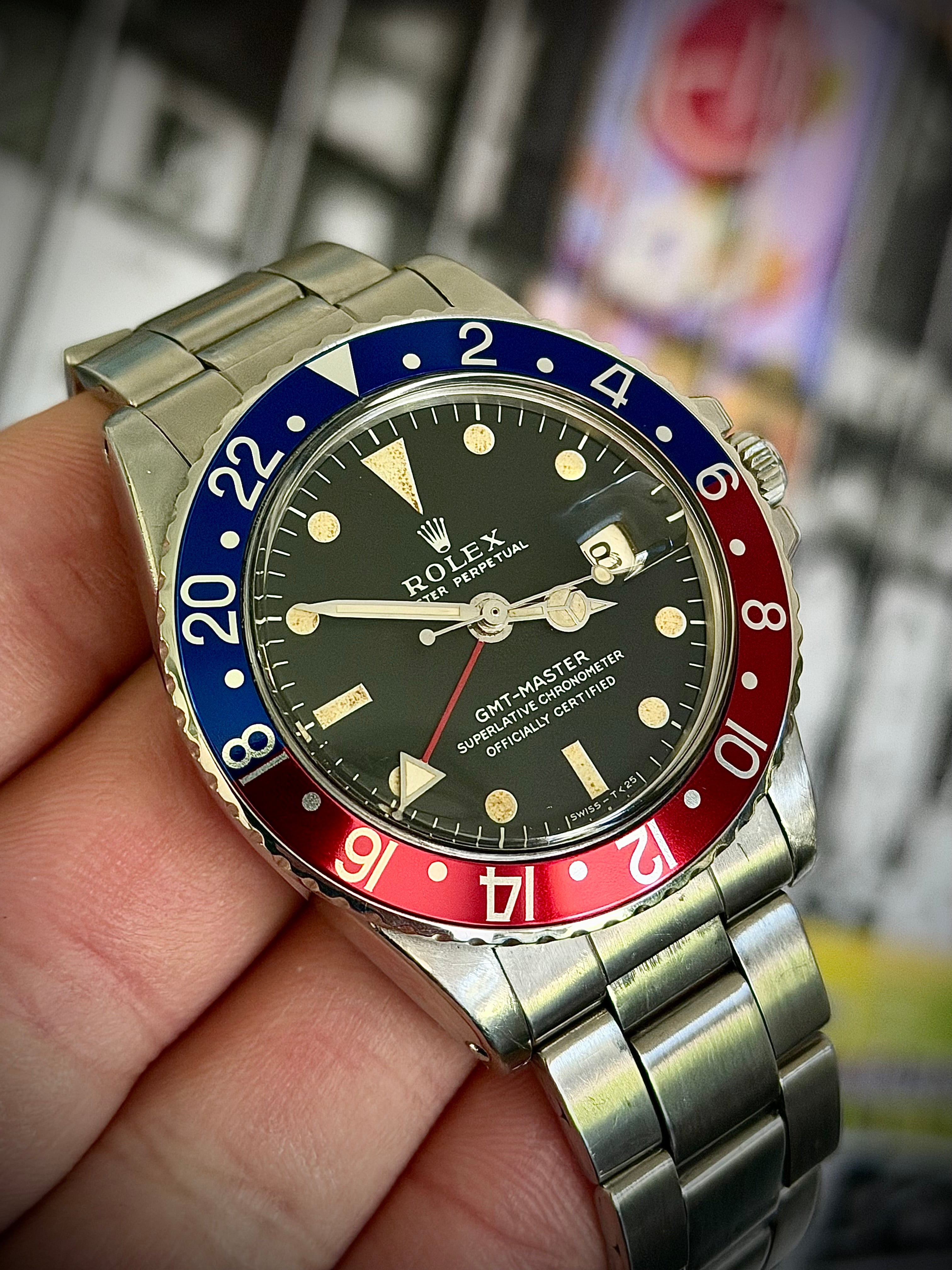 CIRCA 1972 ROLEX GMT-MASTER, 1675 PEPSI, LONG E DIAL, WATCH & BOX, FULLY SERVICED, INC GST