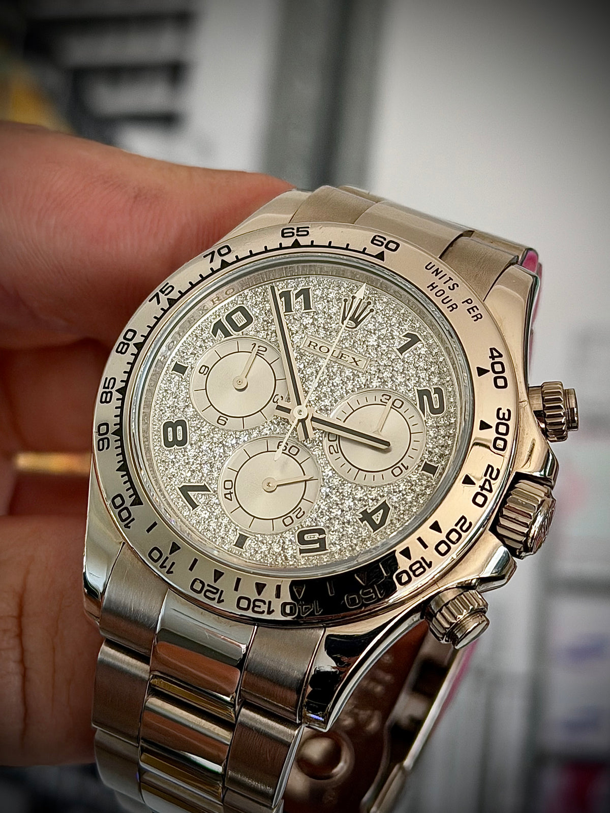 2008 ROLEX COSMOGRAPH DAYTONA, 116509, 18CT WHITE GOLD, FACTORY DIAMOND PAVÉ DIAL, BOX AND PAPERS, EXCELLENT CONDITION, INC GST