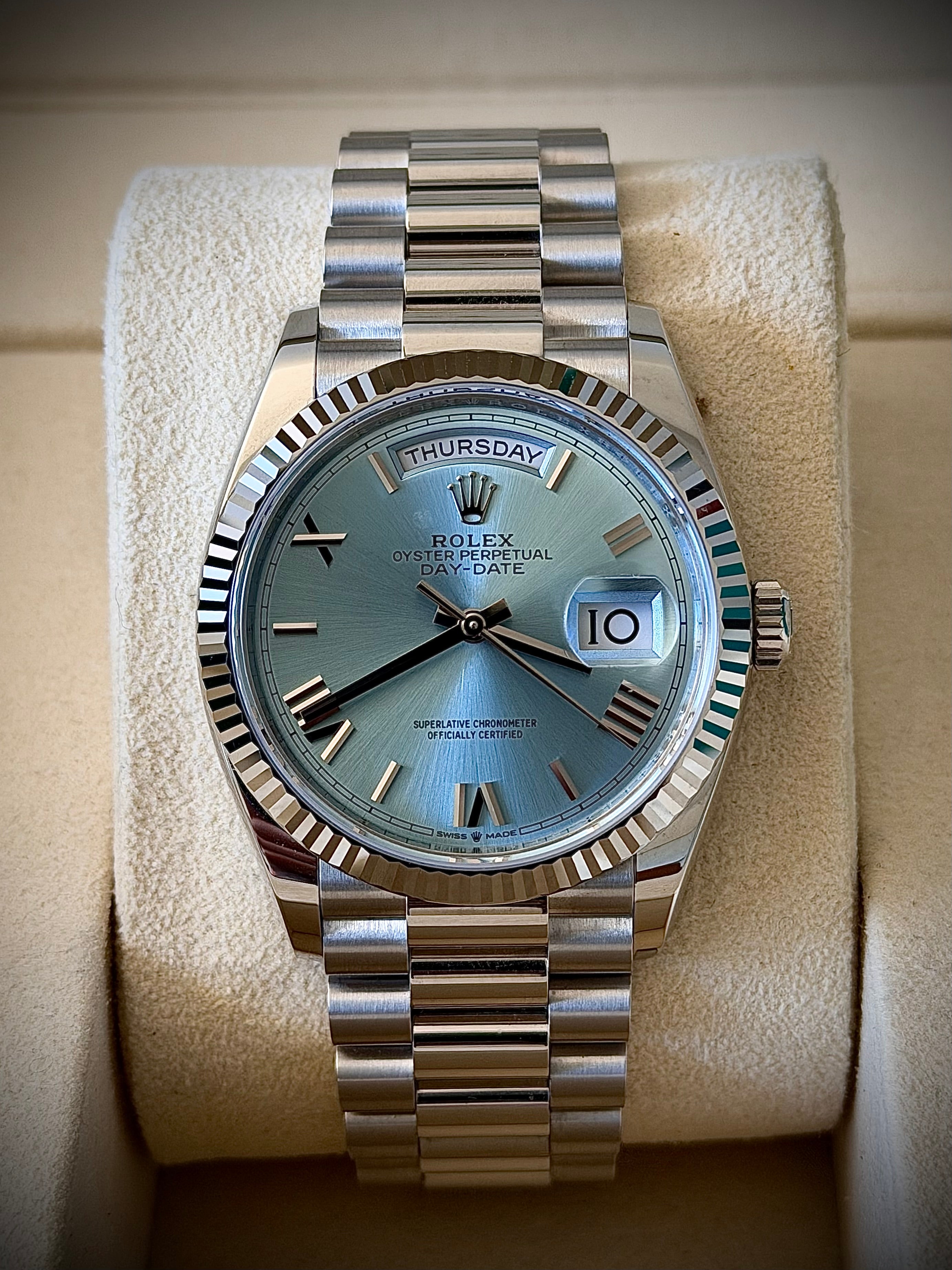 2025 ROLEX DAY-DATE 36 PLATINUM, ICE BLUE ROMAN DIAL, 128236, FULL SET, INC GST