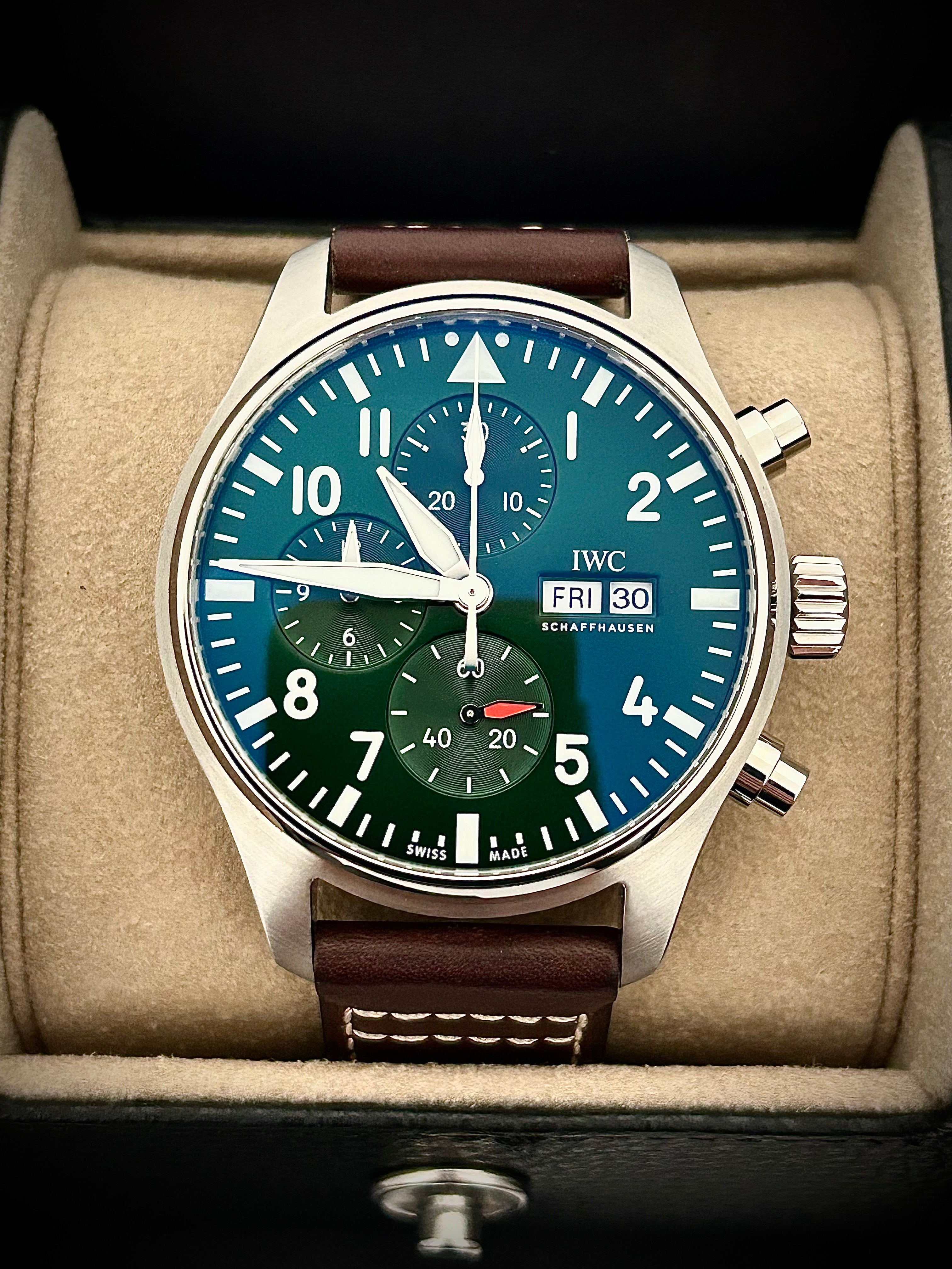 2023 IWC PILOTS WATCH CHRONOGRAPH, GREEN DIAL, IW388103, FULL SET, INC GST