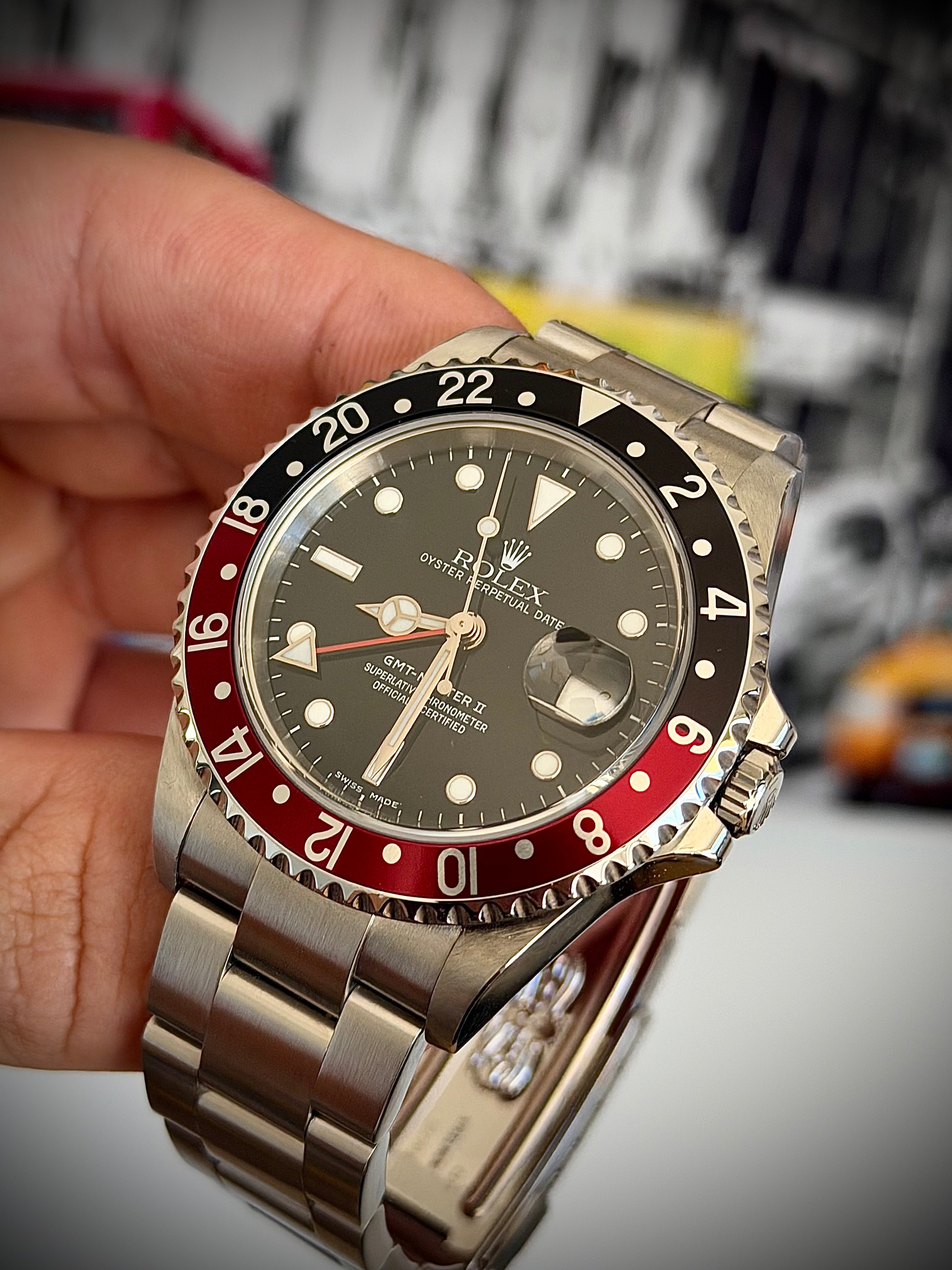 2005 ROLEX GMT-MASTER II “COKE”, NO HOLES, SEL, 16710, FULL SET, INC GST