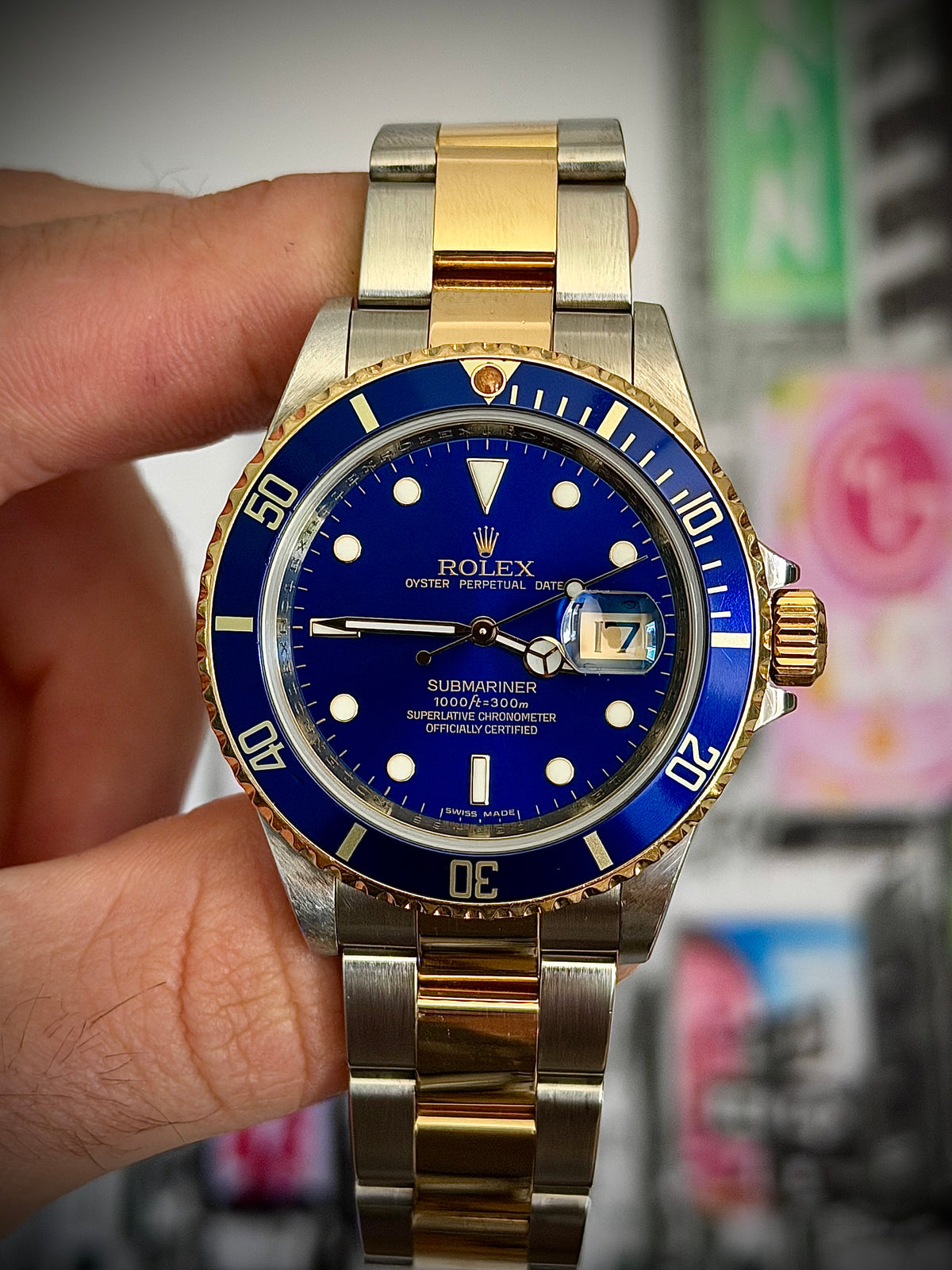 2009 ROLEX SUBMARINER DATE “BLUESY”, 16613LB, ENGRAVED REHAUT, NO HOLES CASE, SOLID END LINKS, WATCH ONLY, INC GST