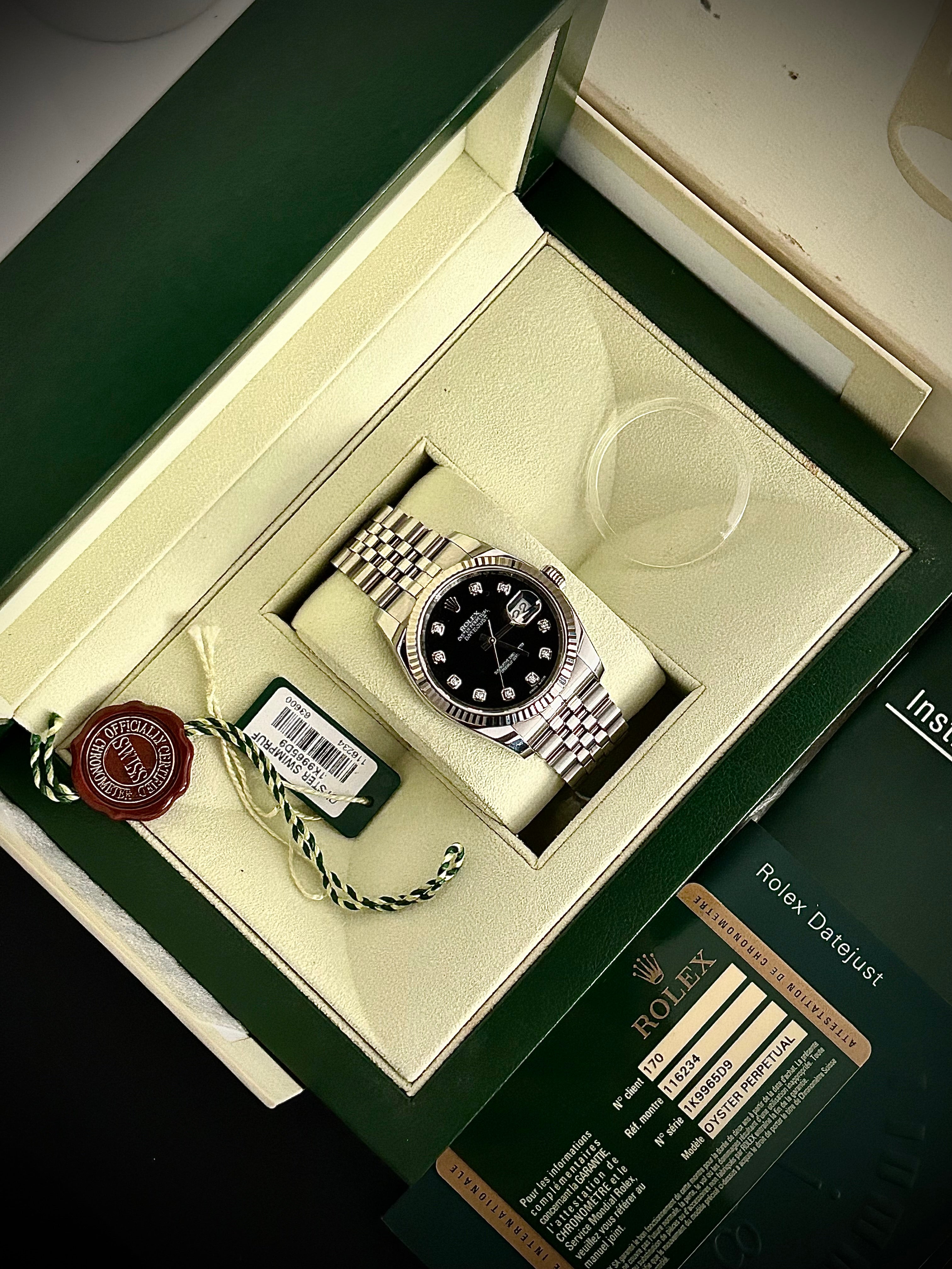 2013 ROLEX DATEJUST 36, 116234G, BLACK DIAMOND DIAL, FULL SET, INC GST