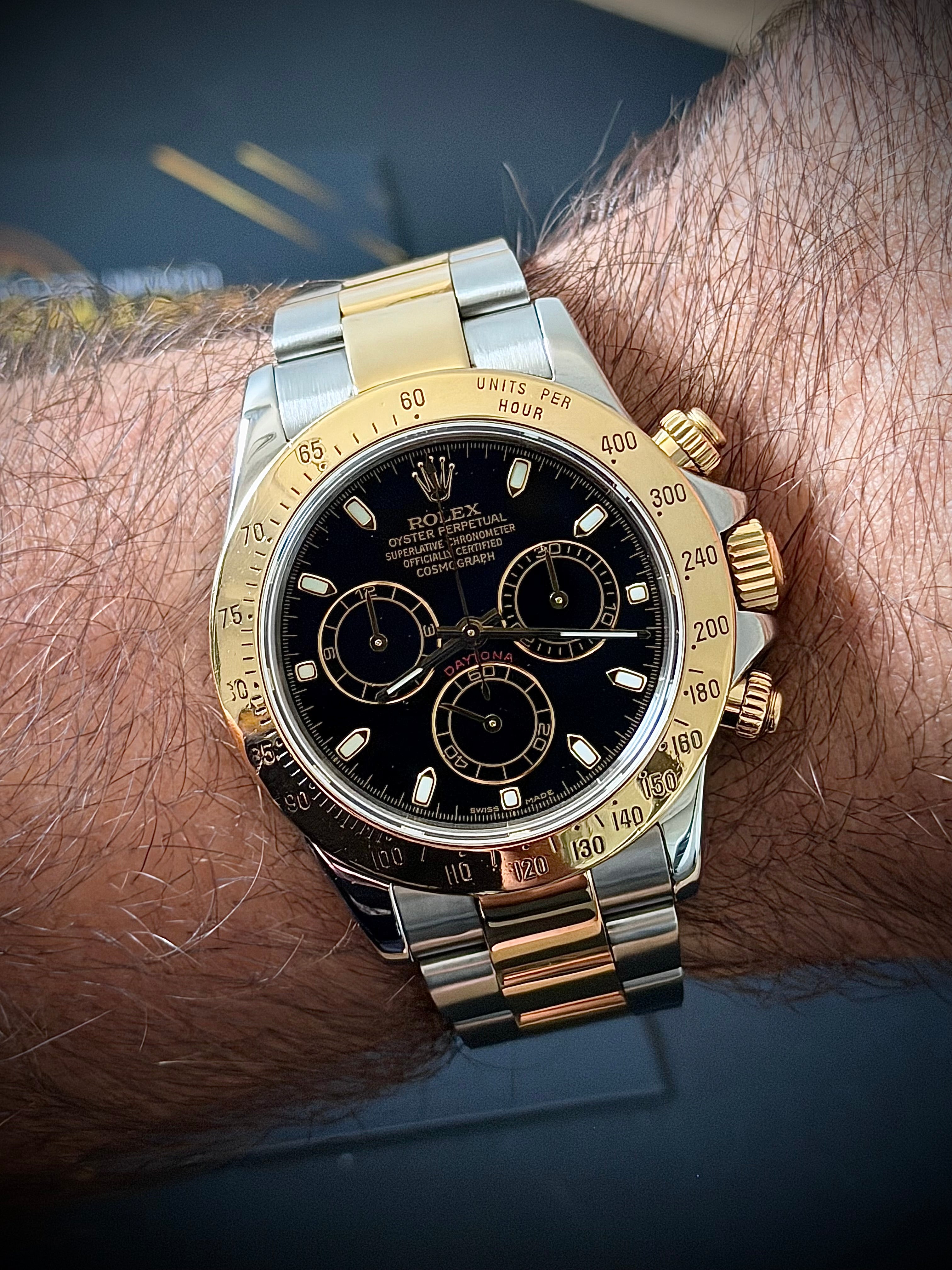 2002 ROLEX COSMOGRAPH DAYTONA, BLACK DIAL, TWO TONE, 116523, WATCH ONLY, INC GST