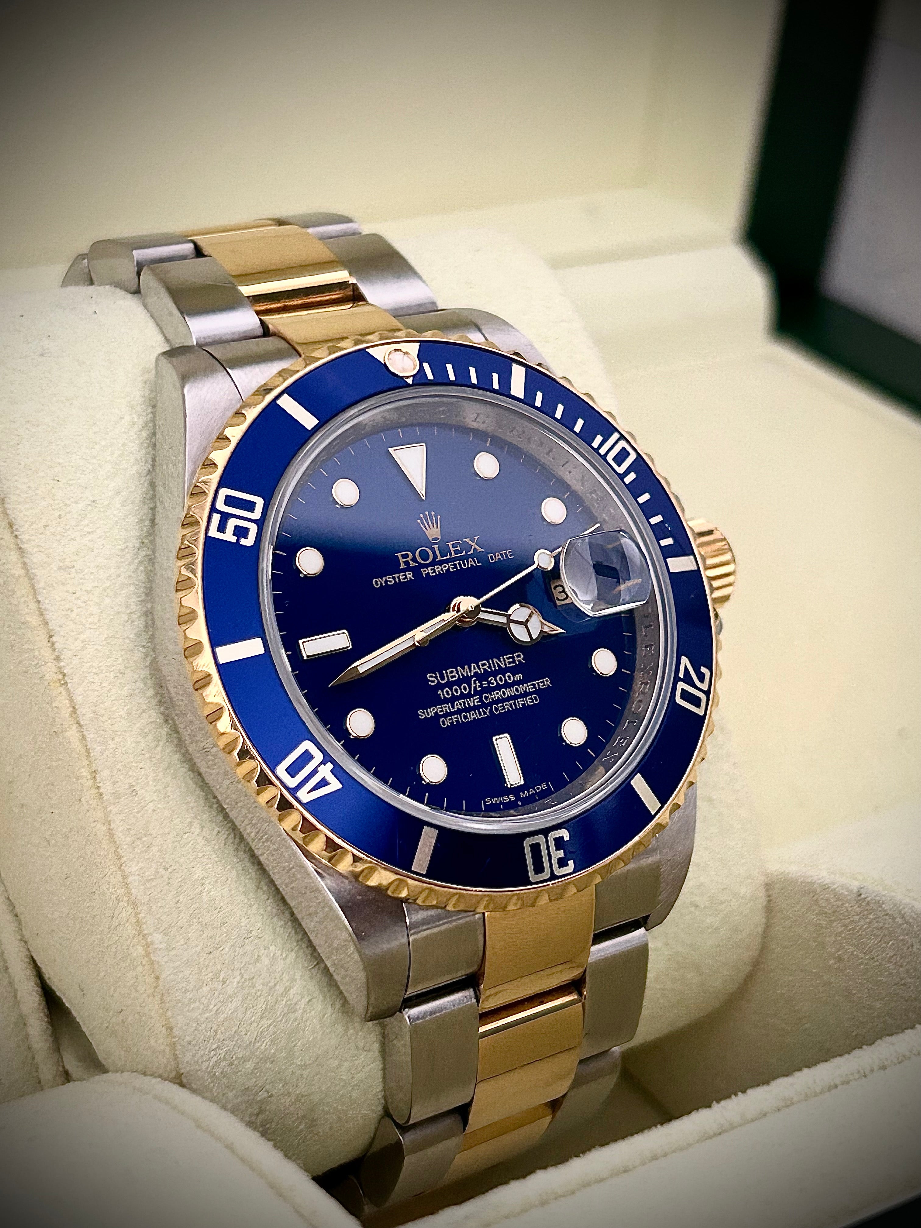 2008 ROLEX SUBMARINER DATE “BLUESY”, ENGRAVED REHAUT, NO HOLES, 16613LB, FULL SET, INC GST
