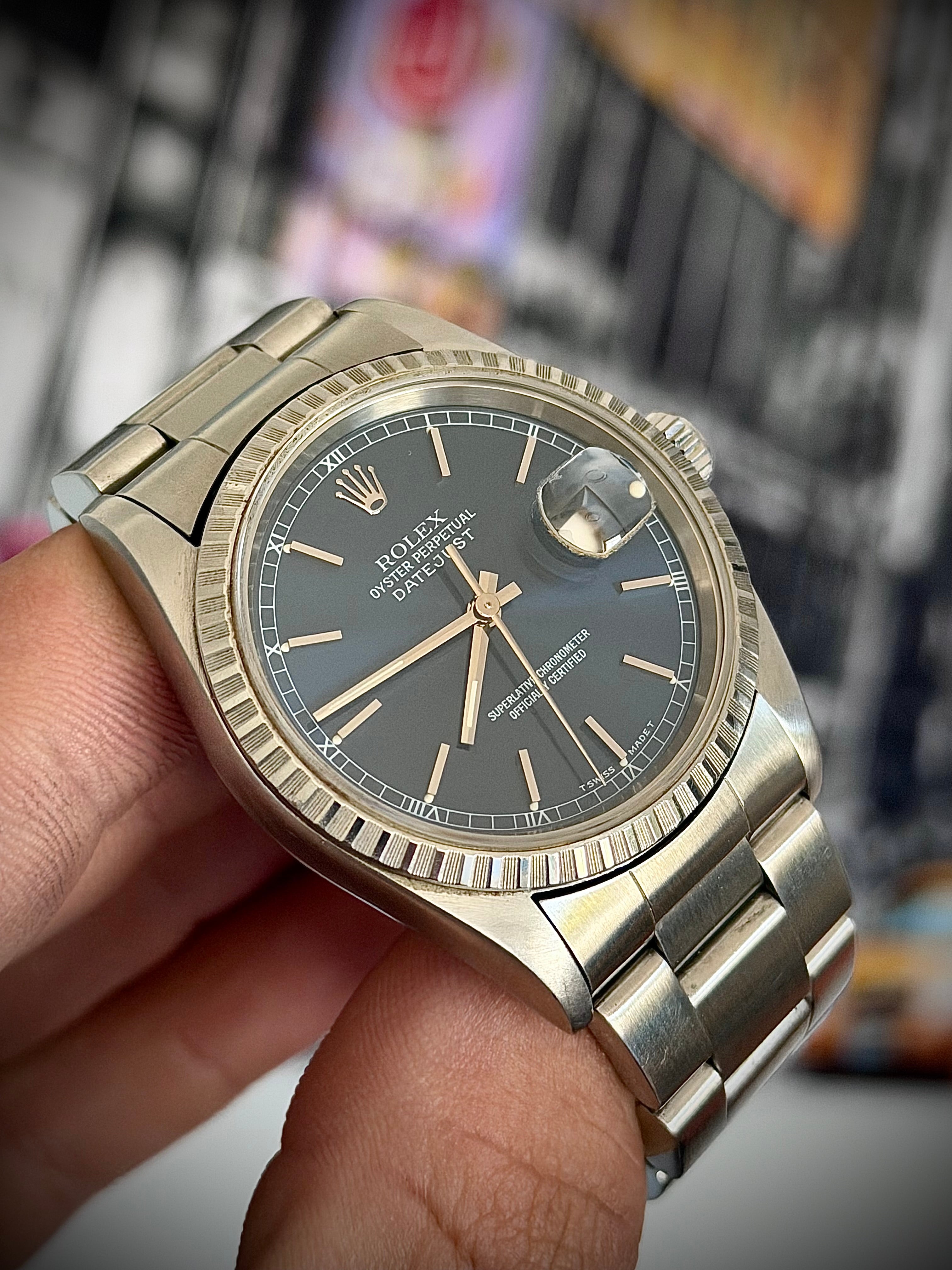 1997 ROLEX DATEJUST 36, 16220, BLUE DIAL, ENGINE-TURNED BEZEL, BOX & PAPERS, INC GST