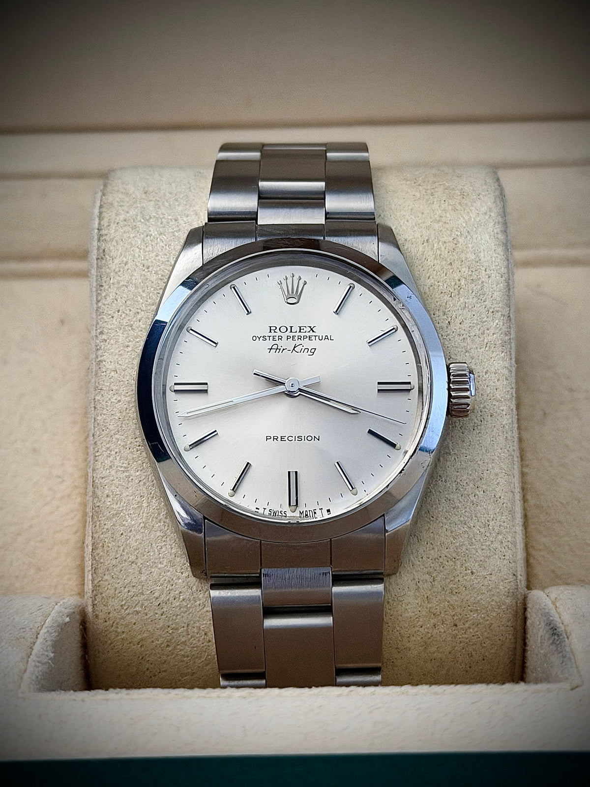 1989 ROLEX AIR-KING, 5500, SILVER PRECISION DIAL, FULL SET, INC GST