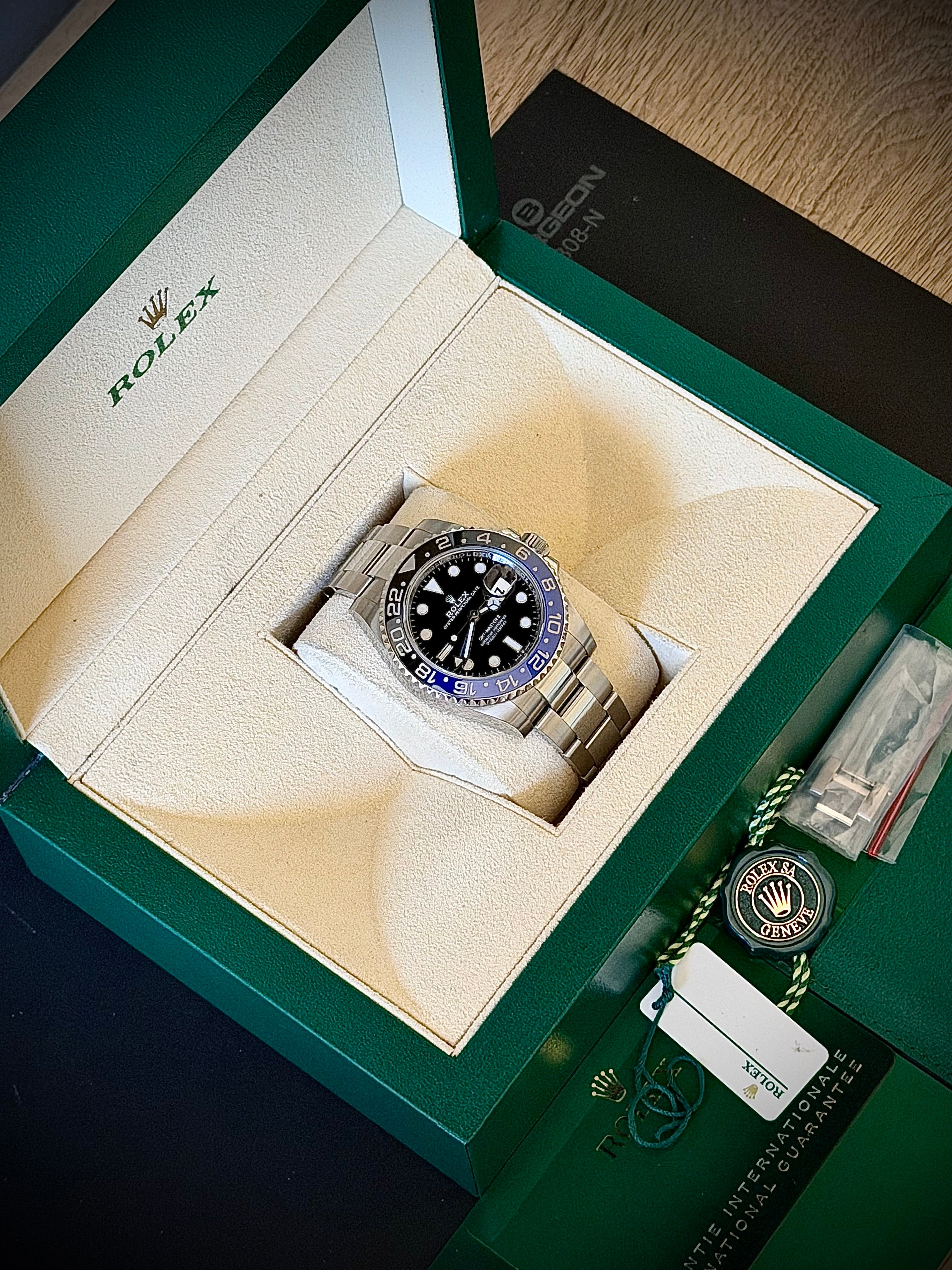 2022 ROLEX GMT MASTER II, BATMAN,, 126710BLNR, FULL SET, INC GST