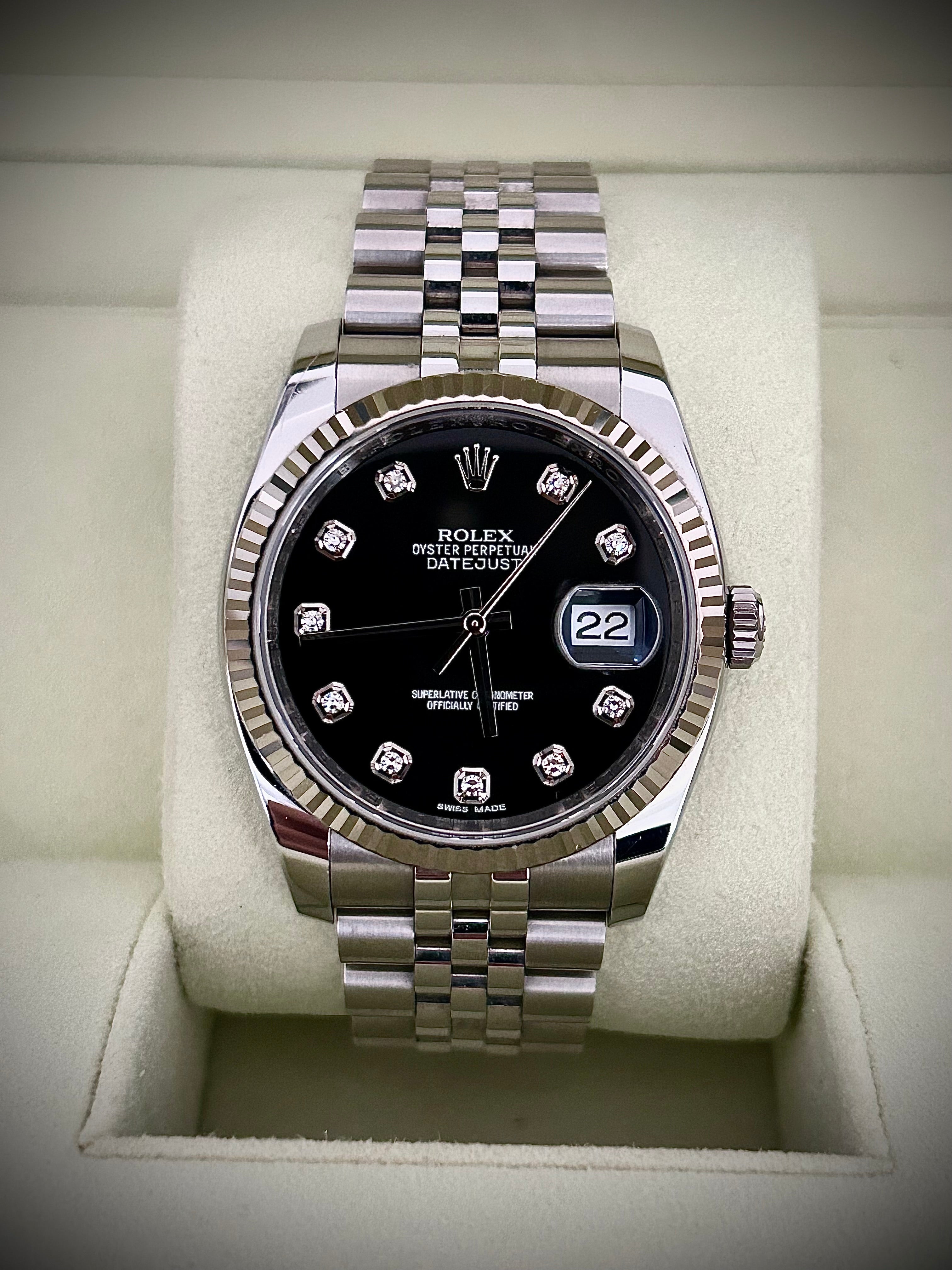 2013 ROLEX DATEJUST 36, 116234G, BLACK DIAMOND DIAL, FULL SET, INC GST