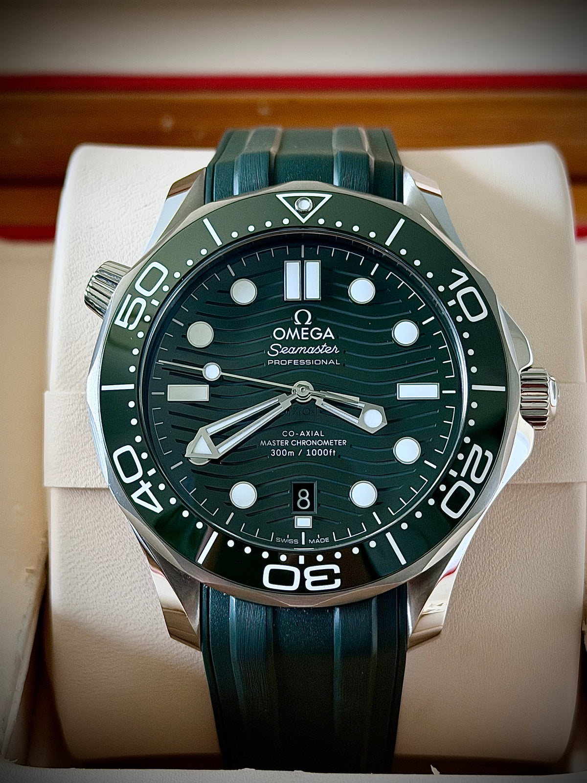 2023 OMEGA SEAMASTER DIVER 300M, 210.32.42.20.10.001, GREEN DIAL, RUBBER STRAP, BOX AND CARDS, INC GST