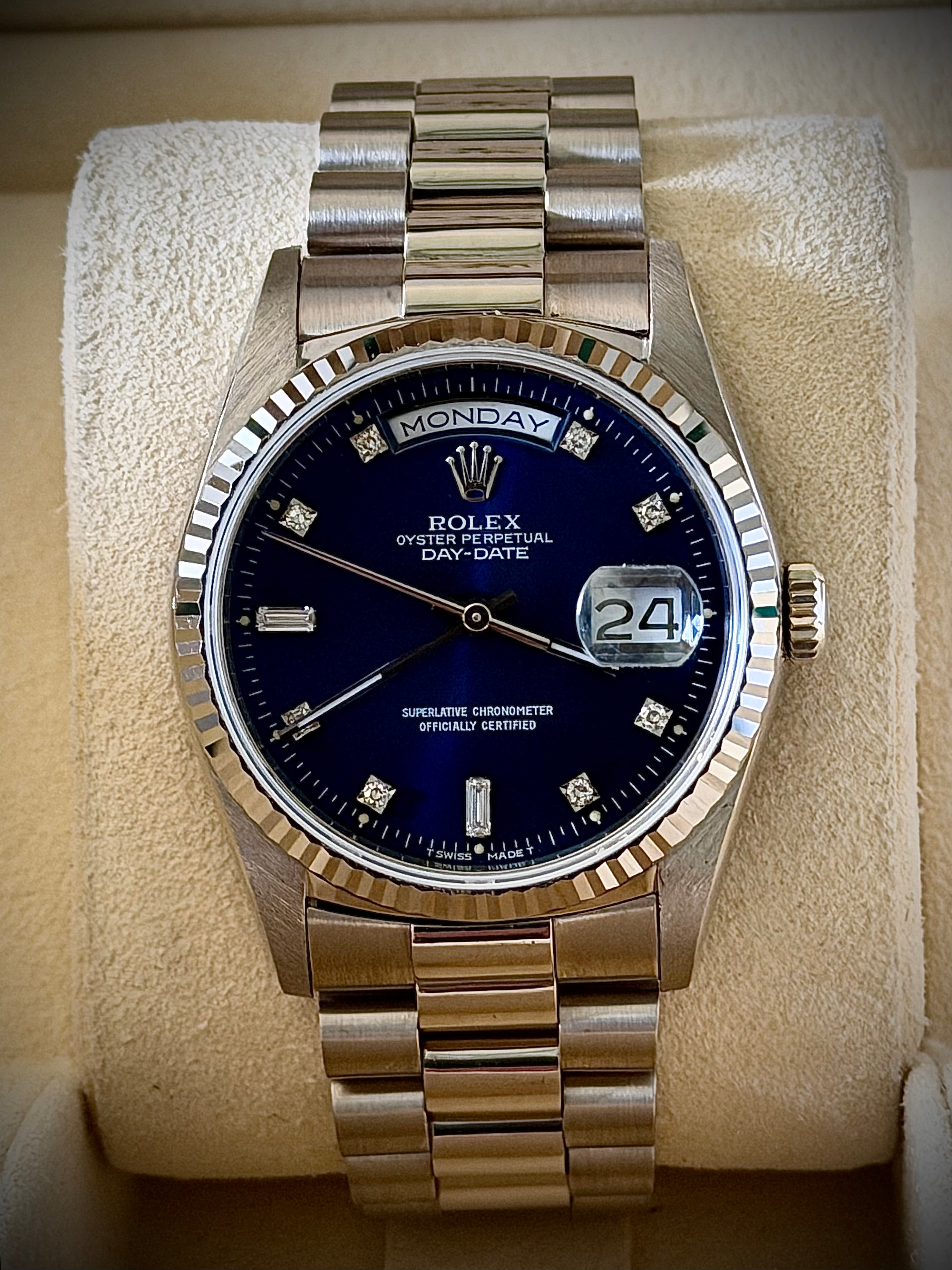 1989 ROLEX DAY-DATE 36, 18239, BLUE DIAMOND DIAL, BOX & BOOKLETS, INC GST
