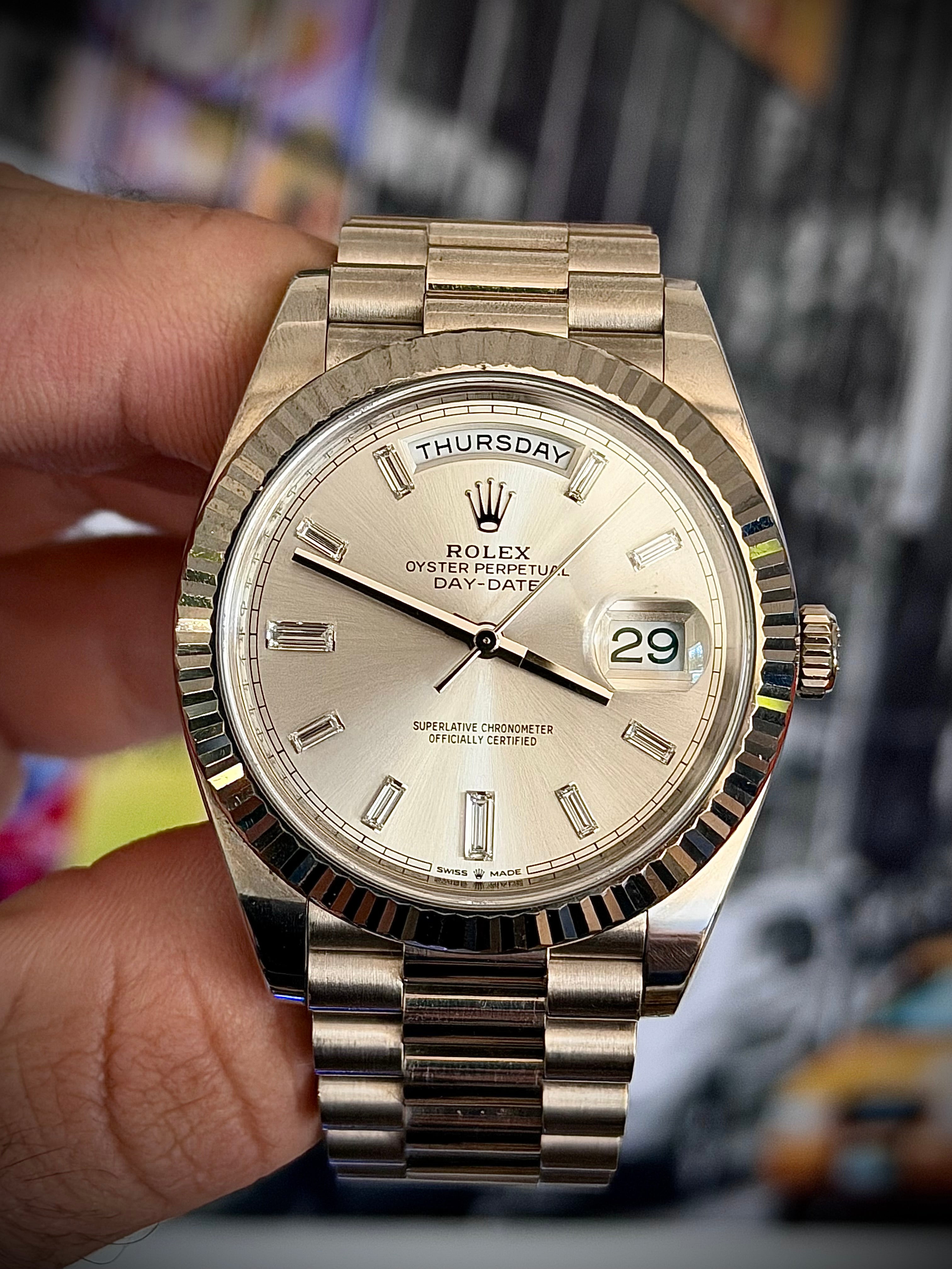 2020 ROLEX DAY-DATE 40, 228239, SILVER DIAMOND BAGUETTE DIAL, FULL SET, INC GST