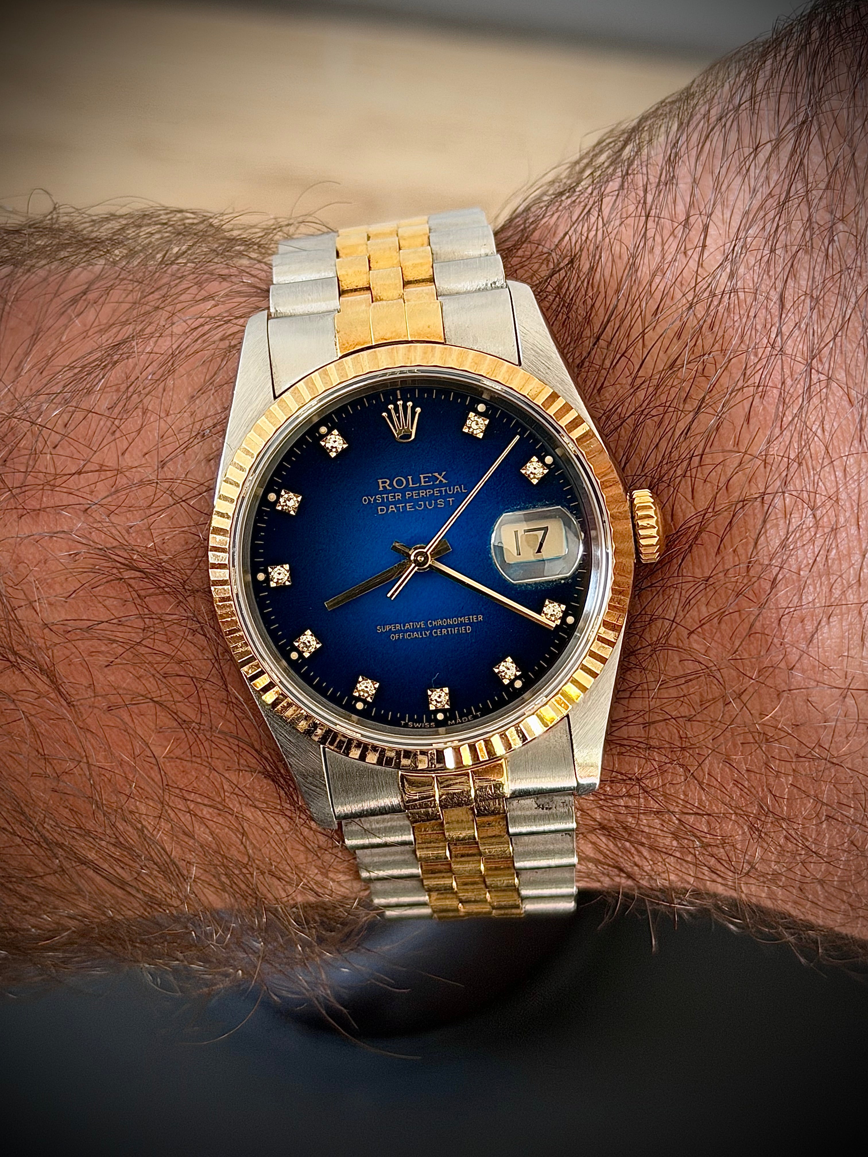 1991 ROLEX DATEJUST 36, TWO TONE, BLUE VIGNETTE DIAMOND DIAL, 16233, WATCH ONLY, INC GST