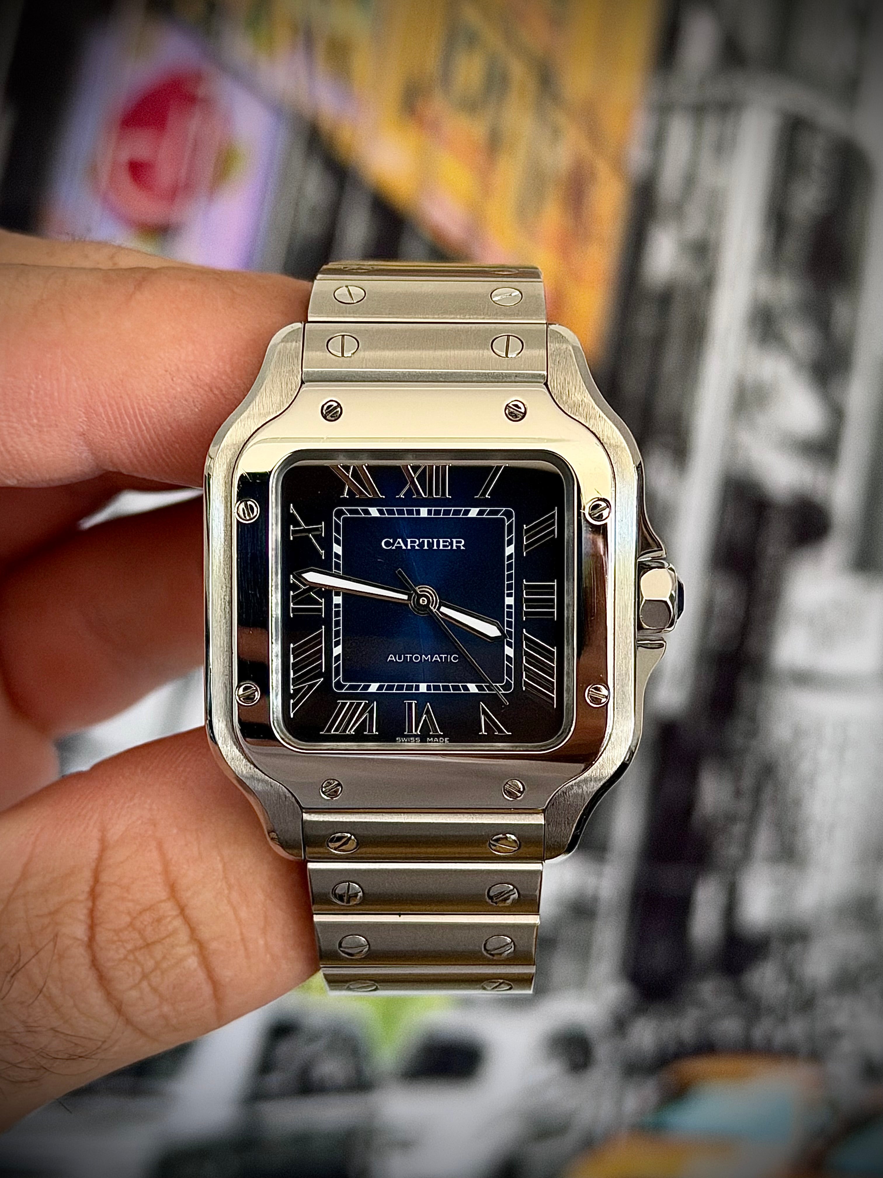 2024 CARTIER SANTOS DE CARTIER MEDIUM, BLUE DIAL, WSSA0063, FULL SET, INC GST