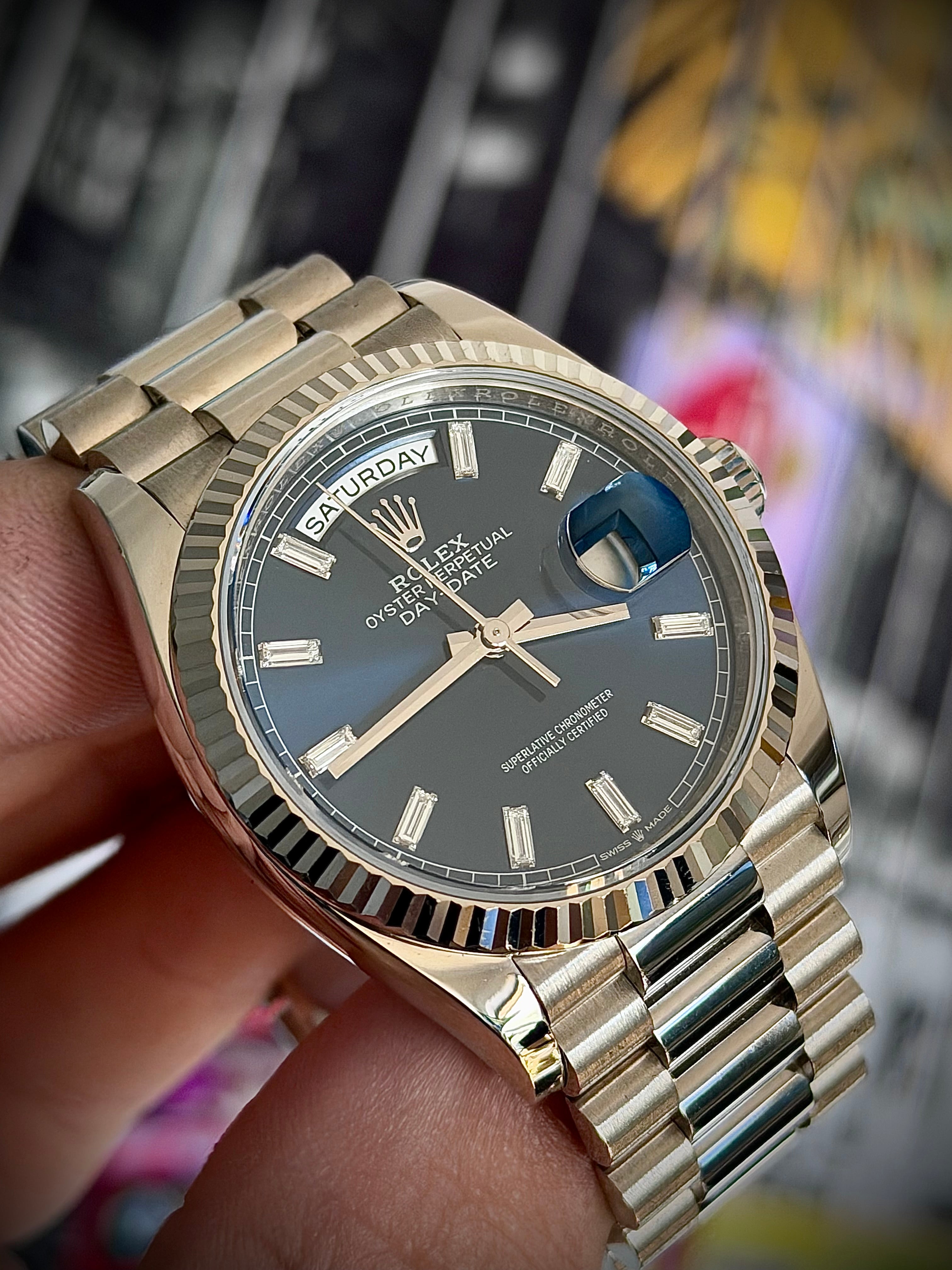 2024 ROLEX DAY-DATE 36, 128239, BLUE BAGUETTE DIAMOND DIAL, FULL SET, INC GST