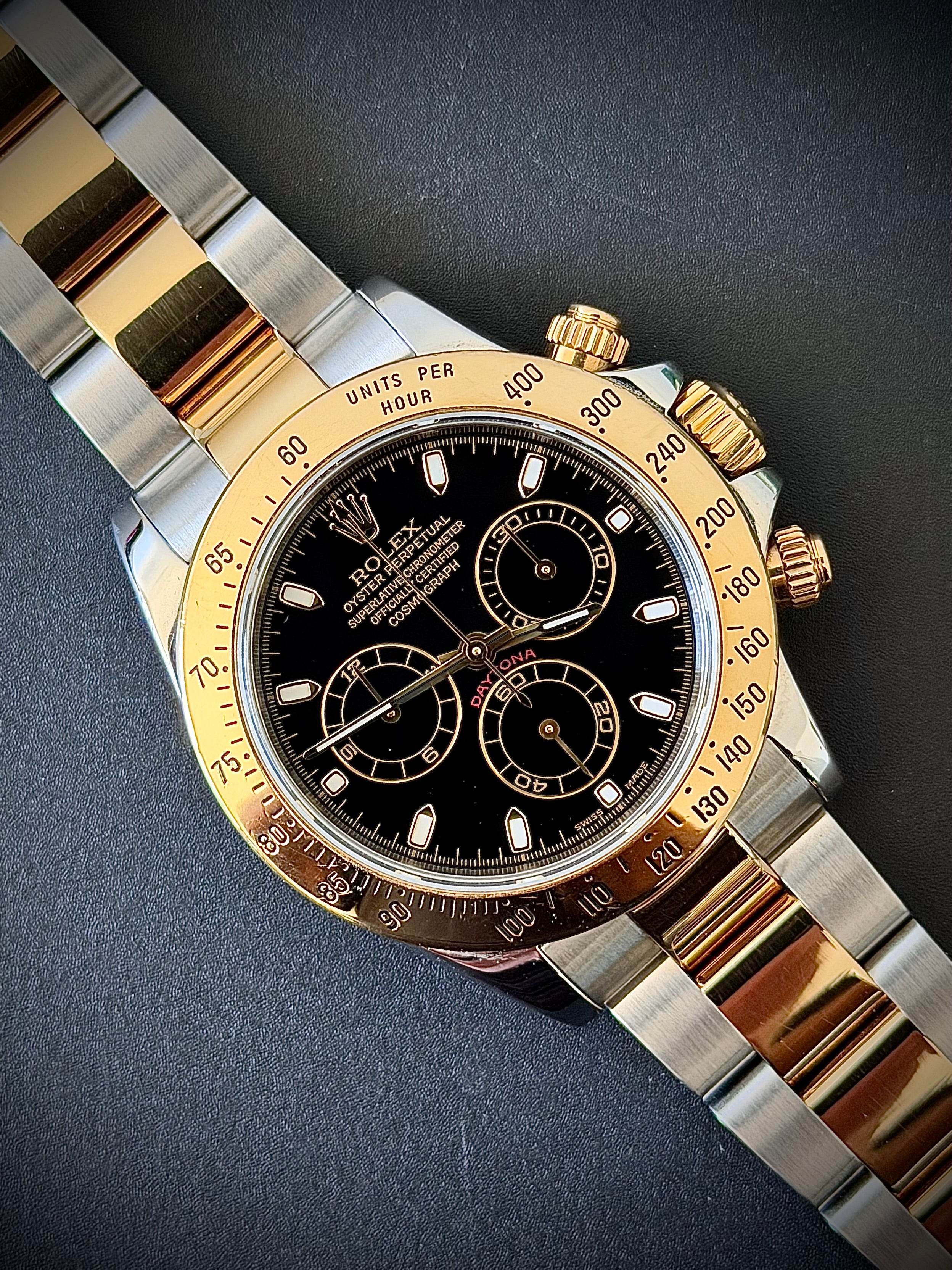 2003 ROLEX COSMOGRAPH DAYTONA, BLACK DIAL, TWO TONE, 116523, WATCH AND BOX, INC GST