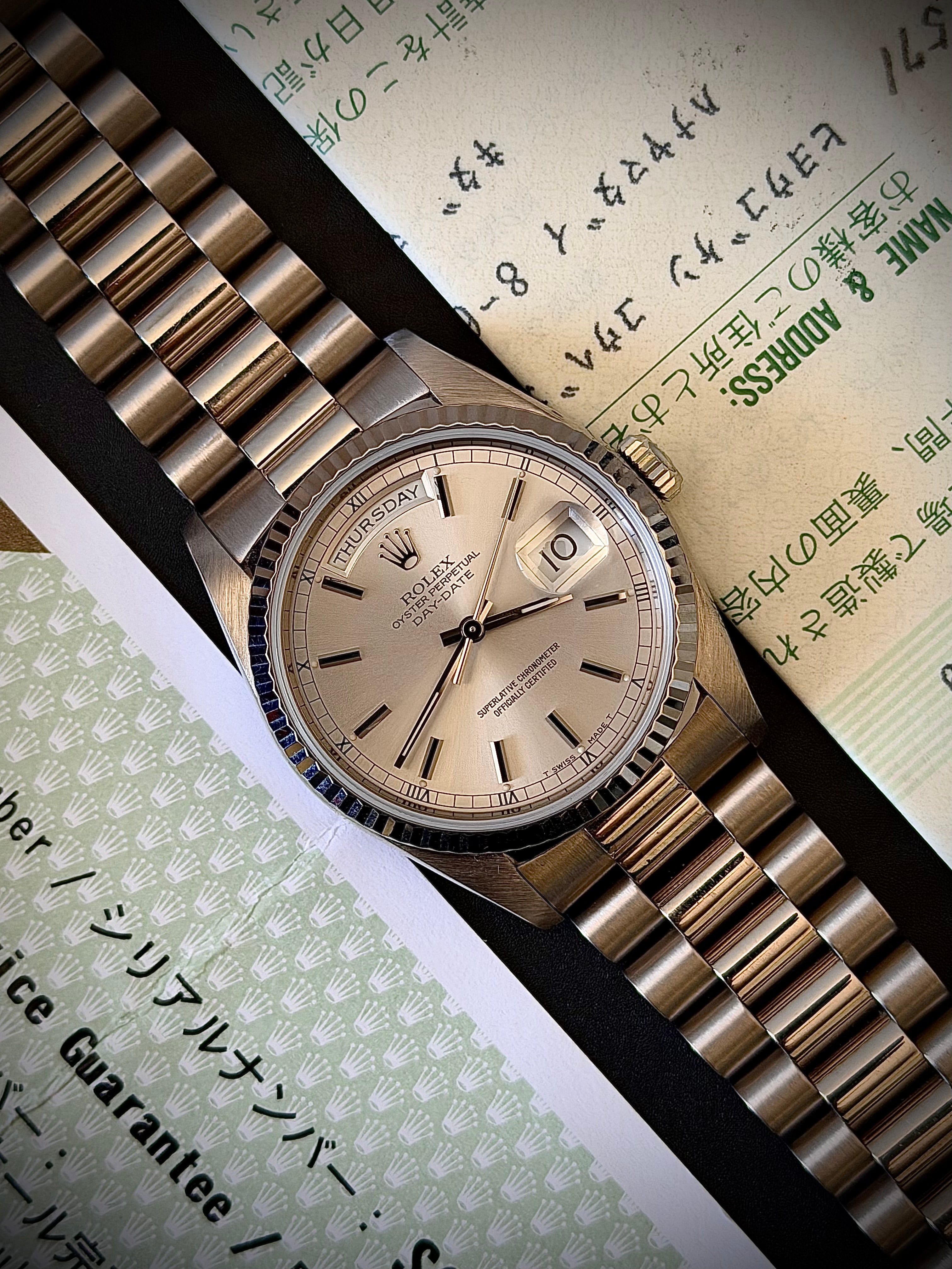 1994 ROLEX DAY-DATE 36, WHITE GOLD, 18239, BOX AND PAPERS, WITH RSC, INC GST