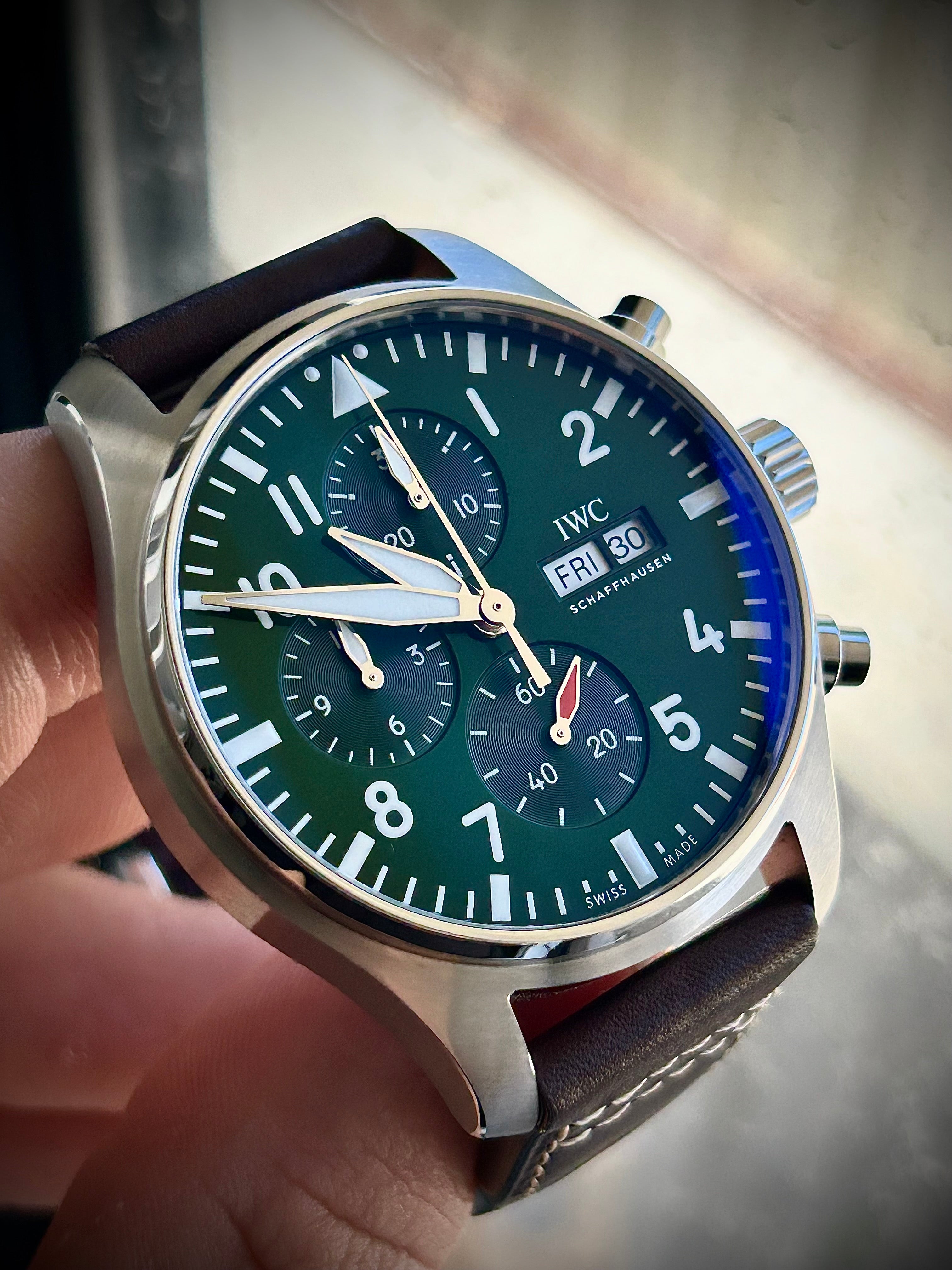 2023 IWC PILOTS WATCH CHRONOGRAPH, GREEN DIAL, IW388103, FULL SET, INC GST
