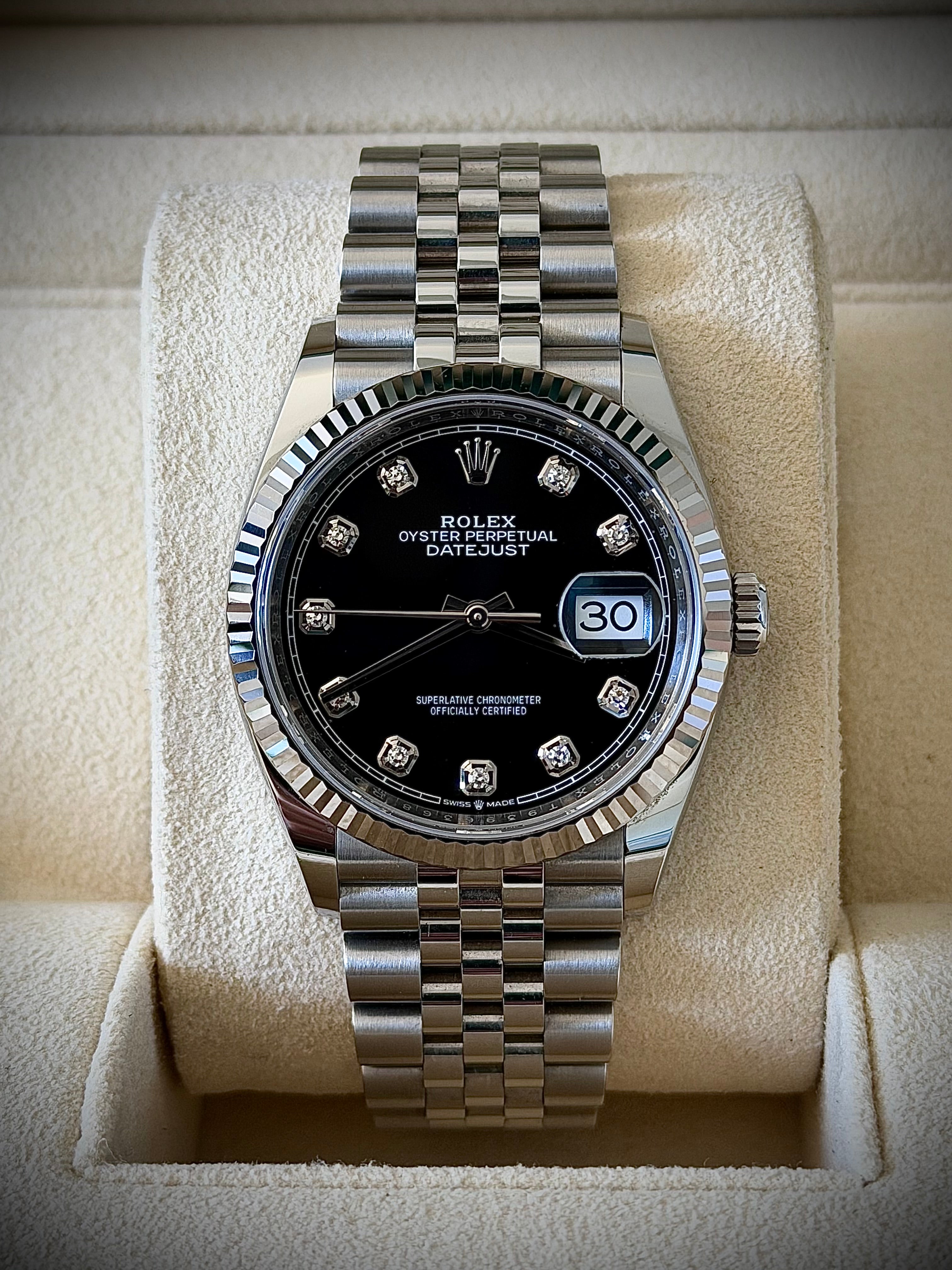 2020 ROLEX DATEJUST 36, 126234, BLACK DIAMOND DIAL, FULL SET, INC GST