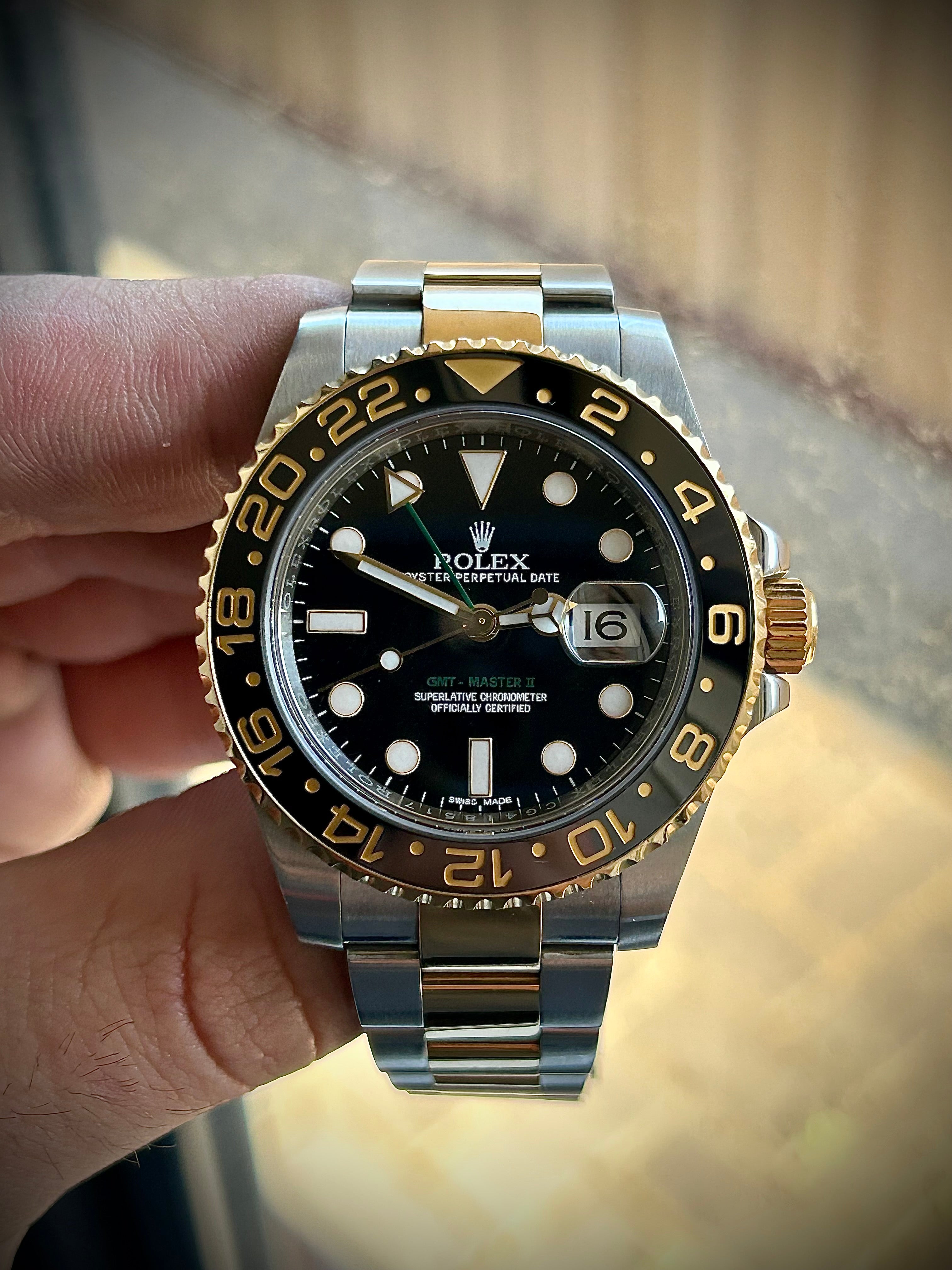 2014 ROLEX GMT MASTER II, RSC SERVICE, TWO TONE, 116713LN, FULL SET, INC GST