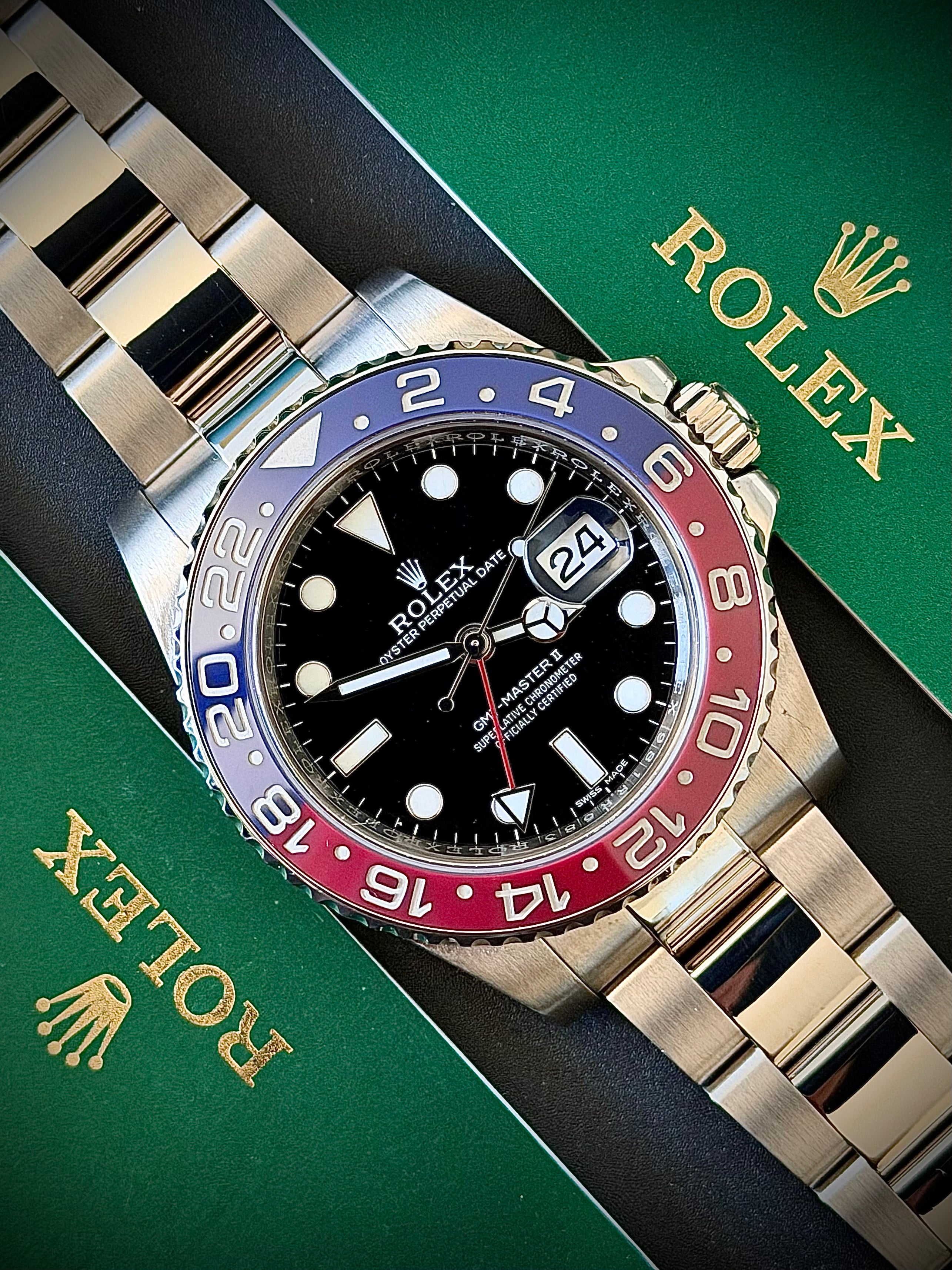 2017 ROLEX GMT MASTER II, PEPSI, WHITE GOLD, BLACK DIAL, 116719BLRO, FULL SET, INC GST