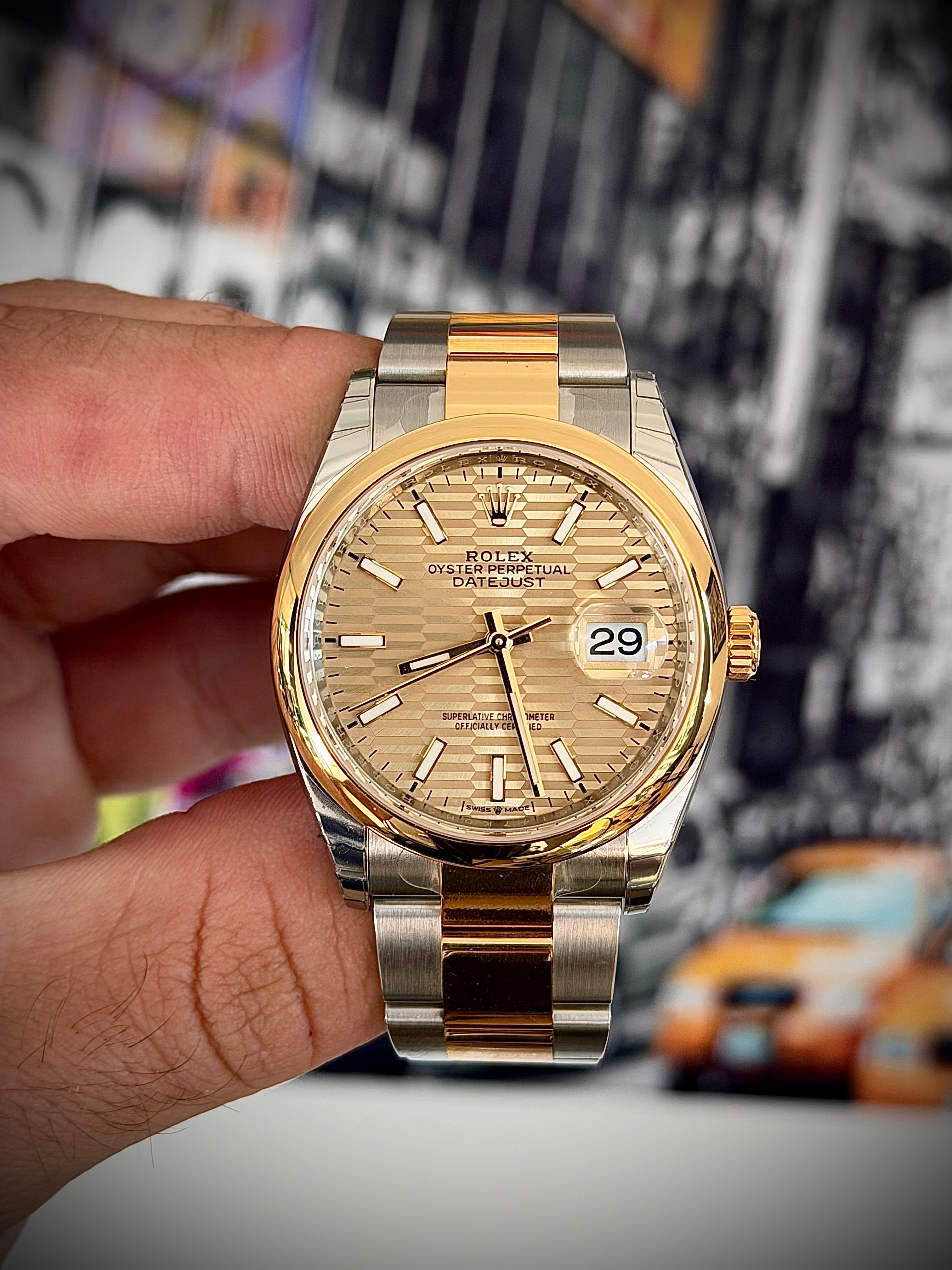 2022 ROLEX DATEJUST 36 TWO TONE, BRAND NEW FACTORY STICKERED, CHAMPAGNE MOTIF DIAL, 126203, FULL SET, INC GST