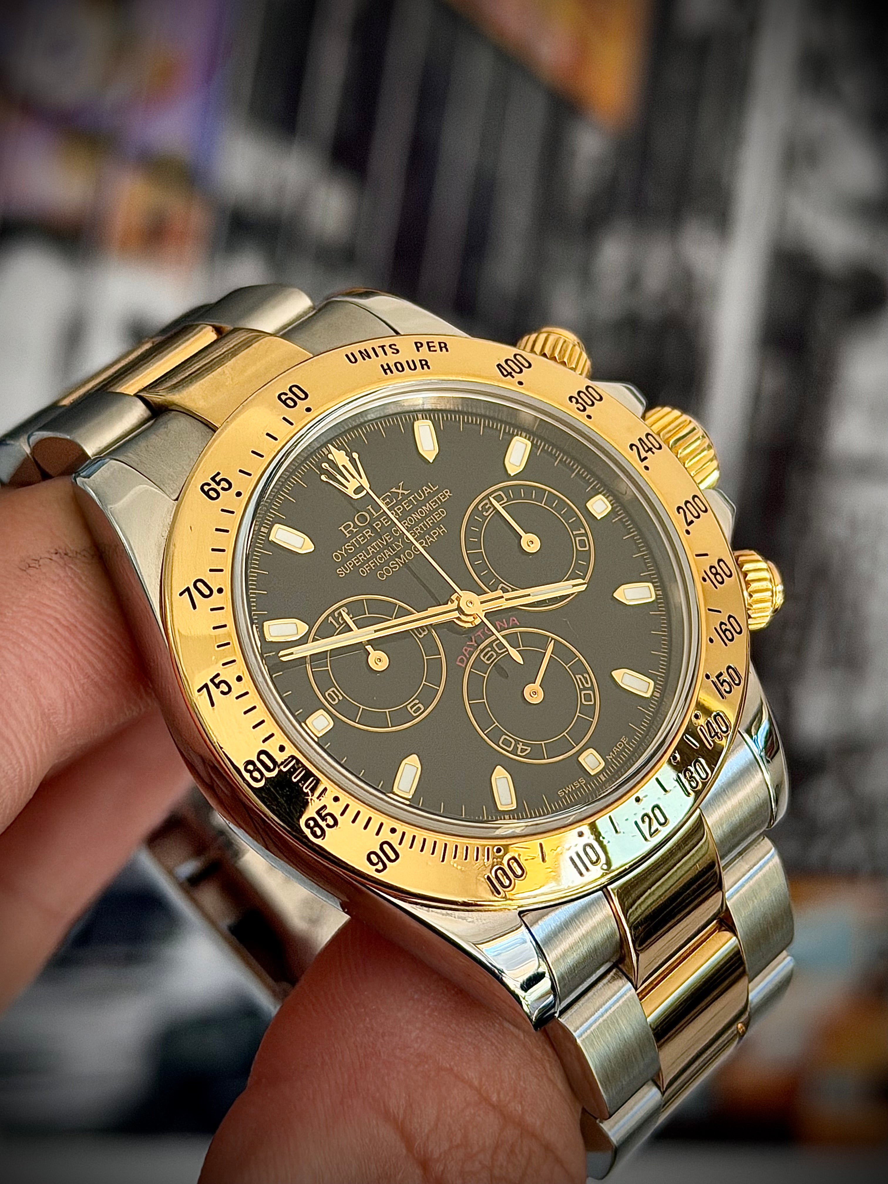 2003 ROLEX COSMOGRAPH DAYTONA, BLACK DIAL, TWO TONE, 116523, WATCH AND BOX, INC GST