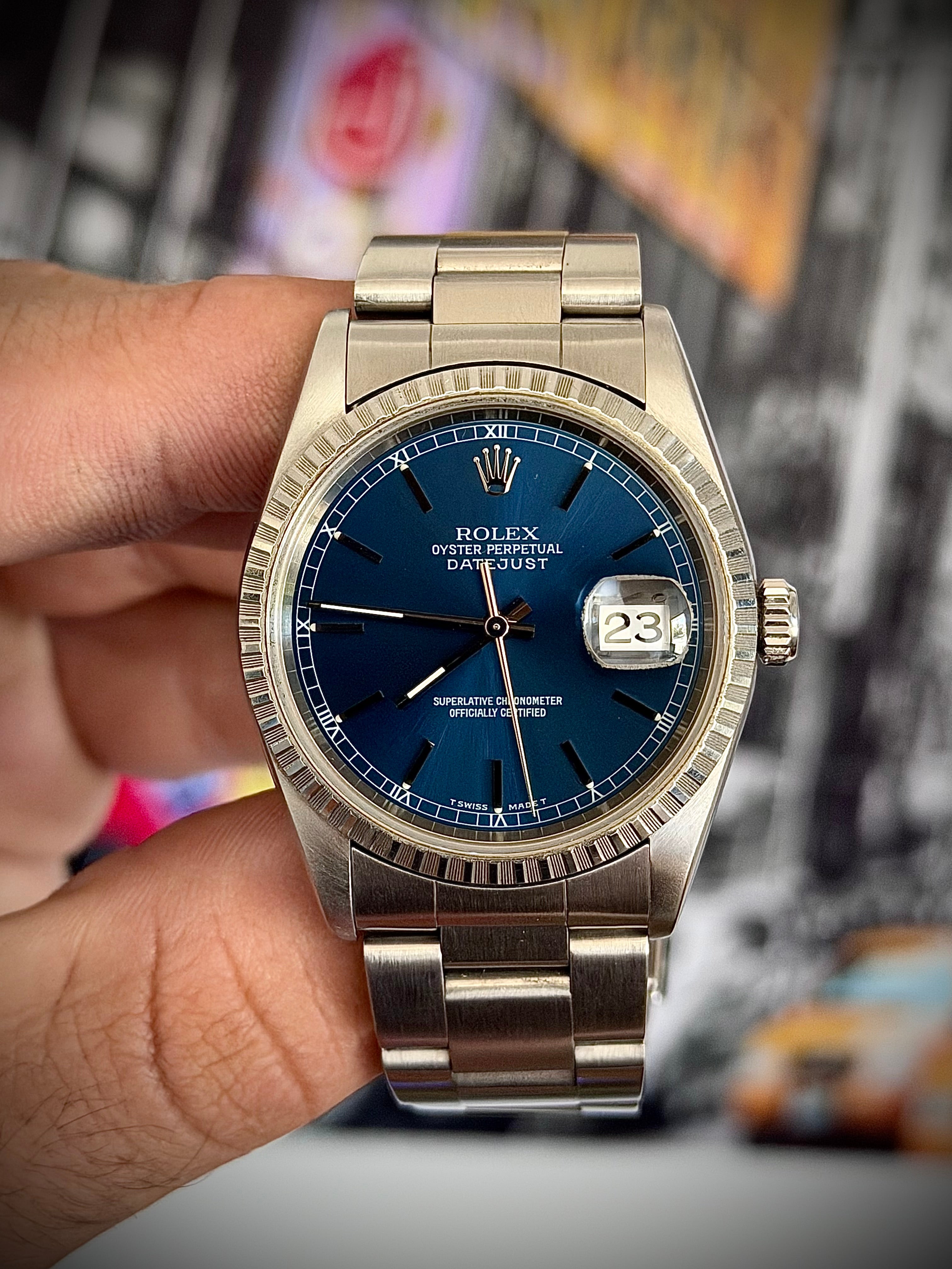 1997 ROLEX DATEJUST 36, 16220, BLUE DIAL, ENGINE-TURNED BEZEL, BOX & PAPERS, INC GST