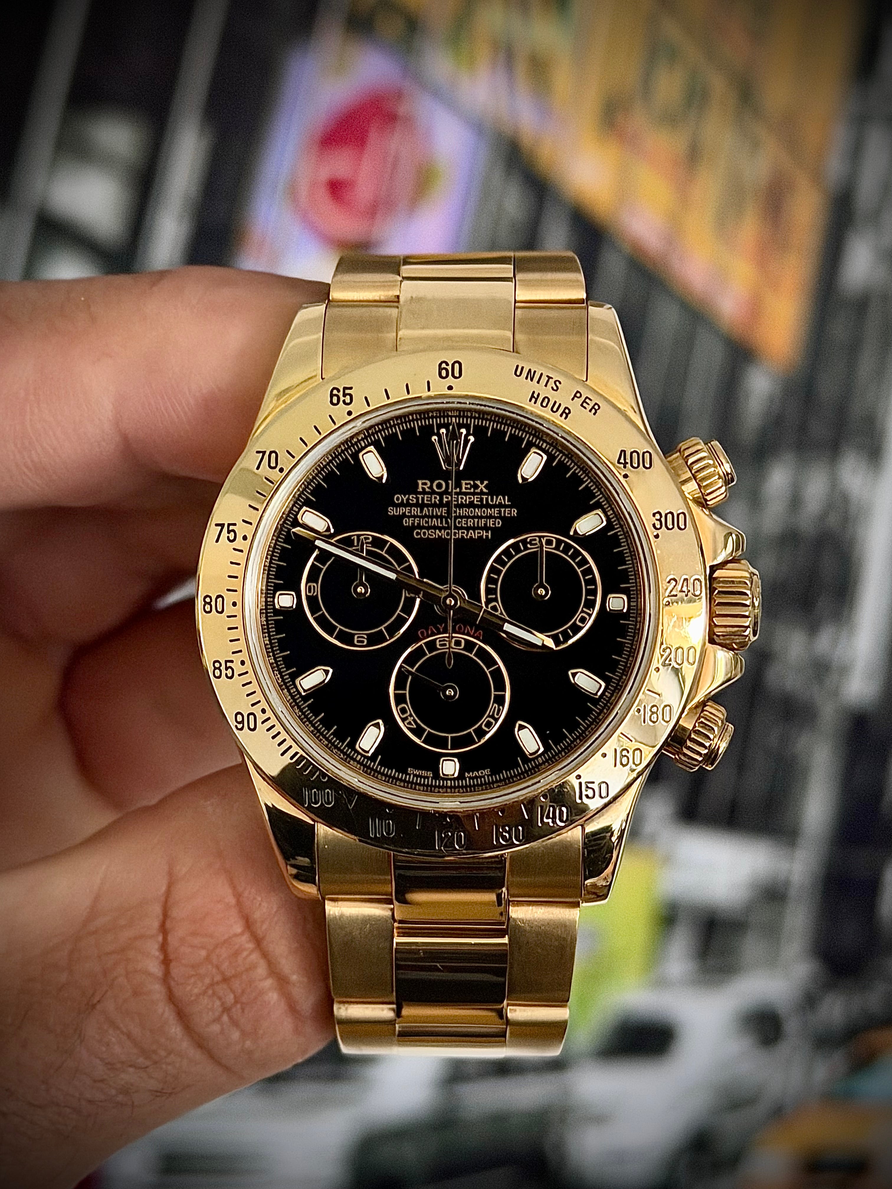 2014 ROLEX DAYTONA, FULL YELLOW GOLD, 116528, BOX AND PAPERS, INC GST