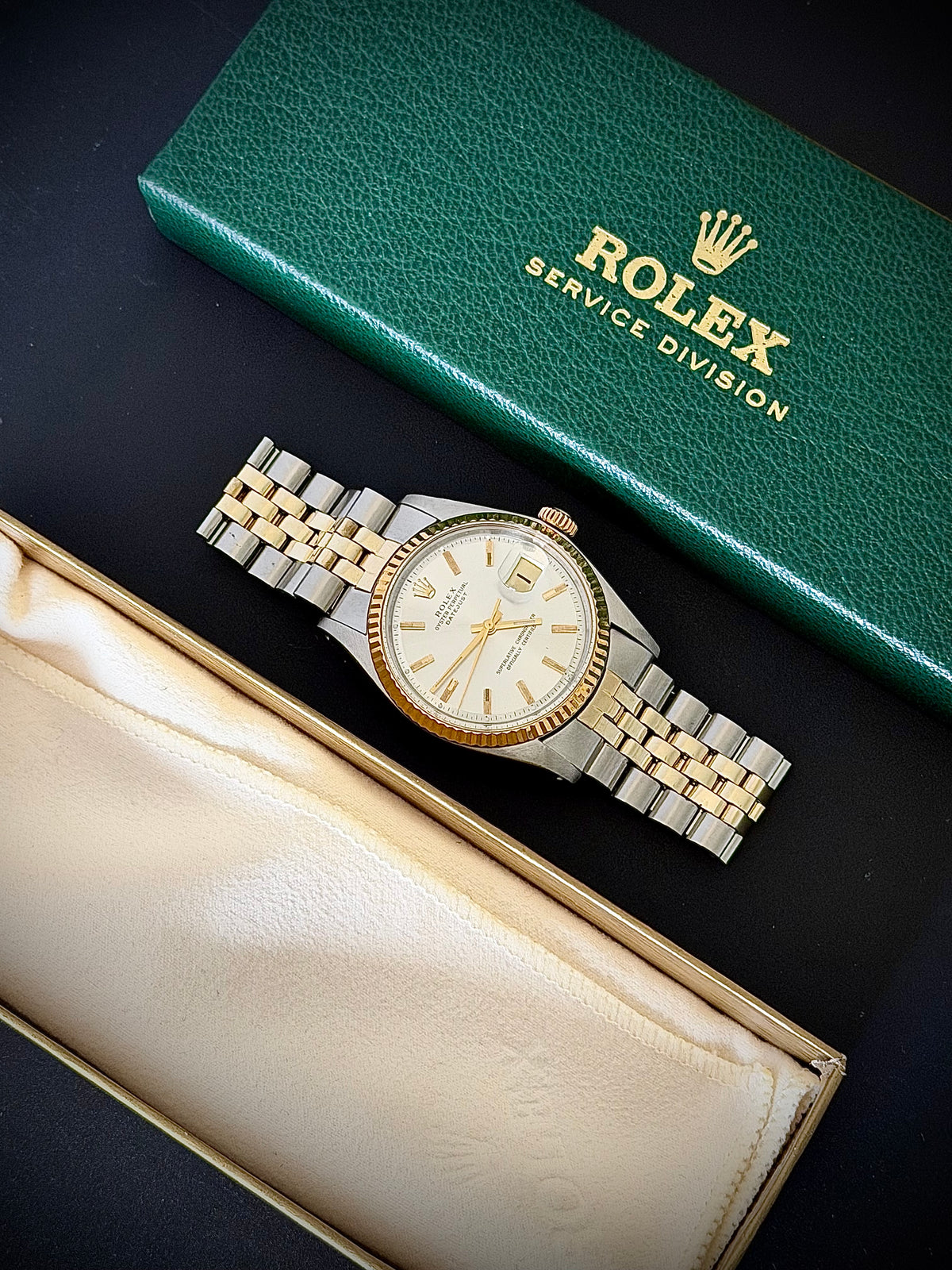 1975 ROLEX DATEJUST 36, 1601, TWO-TONE, PIE-PAN DIAL, FOLDED-LINK JUBILEE BRACELET, ROLEX SERVICE BOX, INC GST