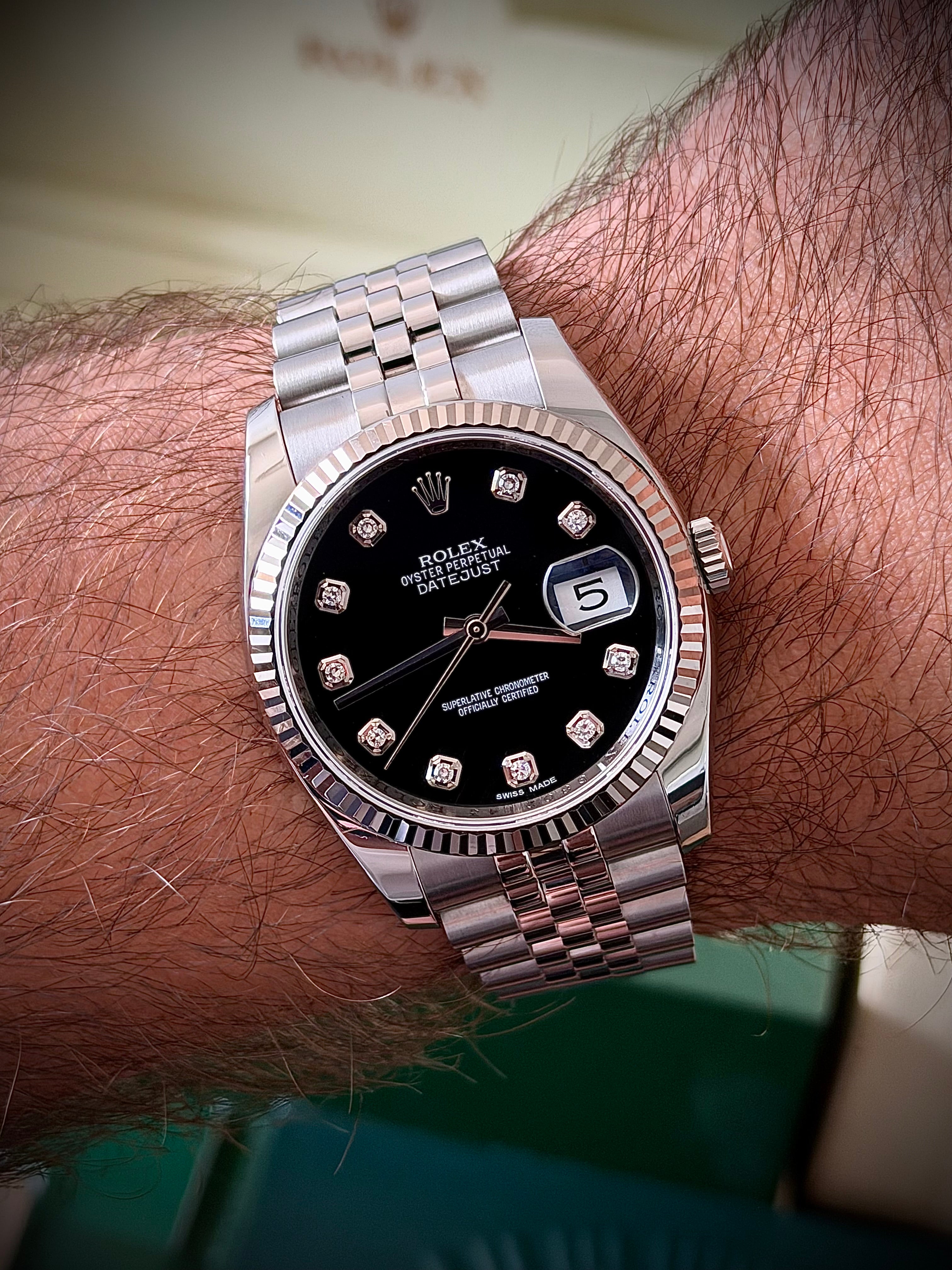 2012 ROLEX DATEJUST 36, 116234, BLACK DIAMOND DIAL, FULL SET, INC GST