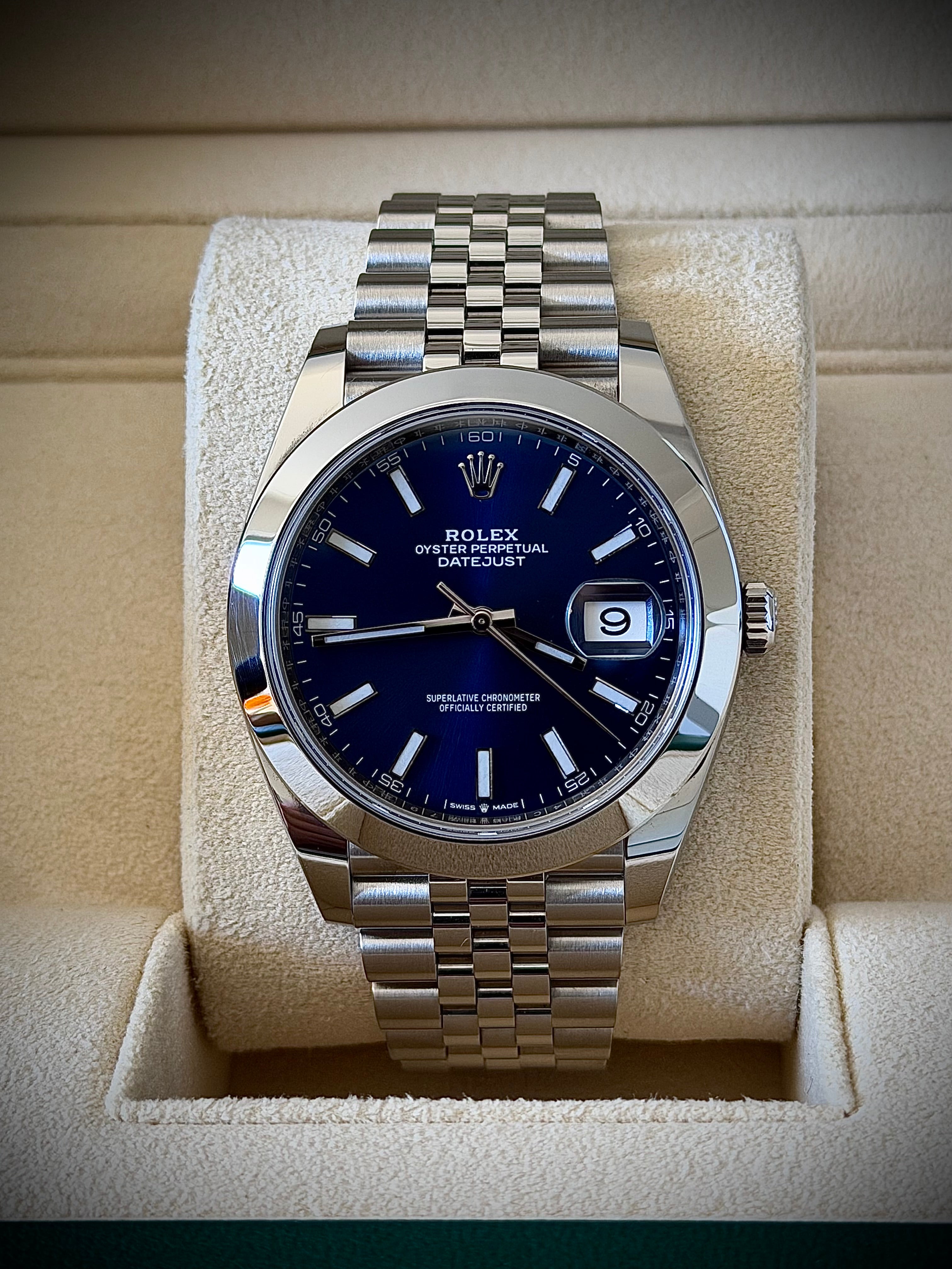 2021 ROLEX DATEJUST 41, BLUE DIAL, SMOOTH JUBILEE 126300, FULL SET, INC GST