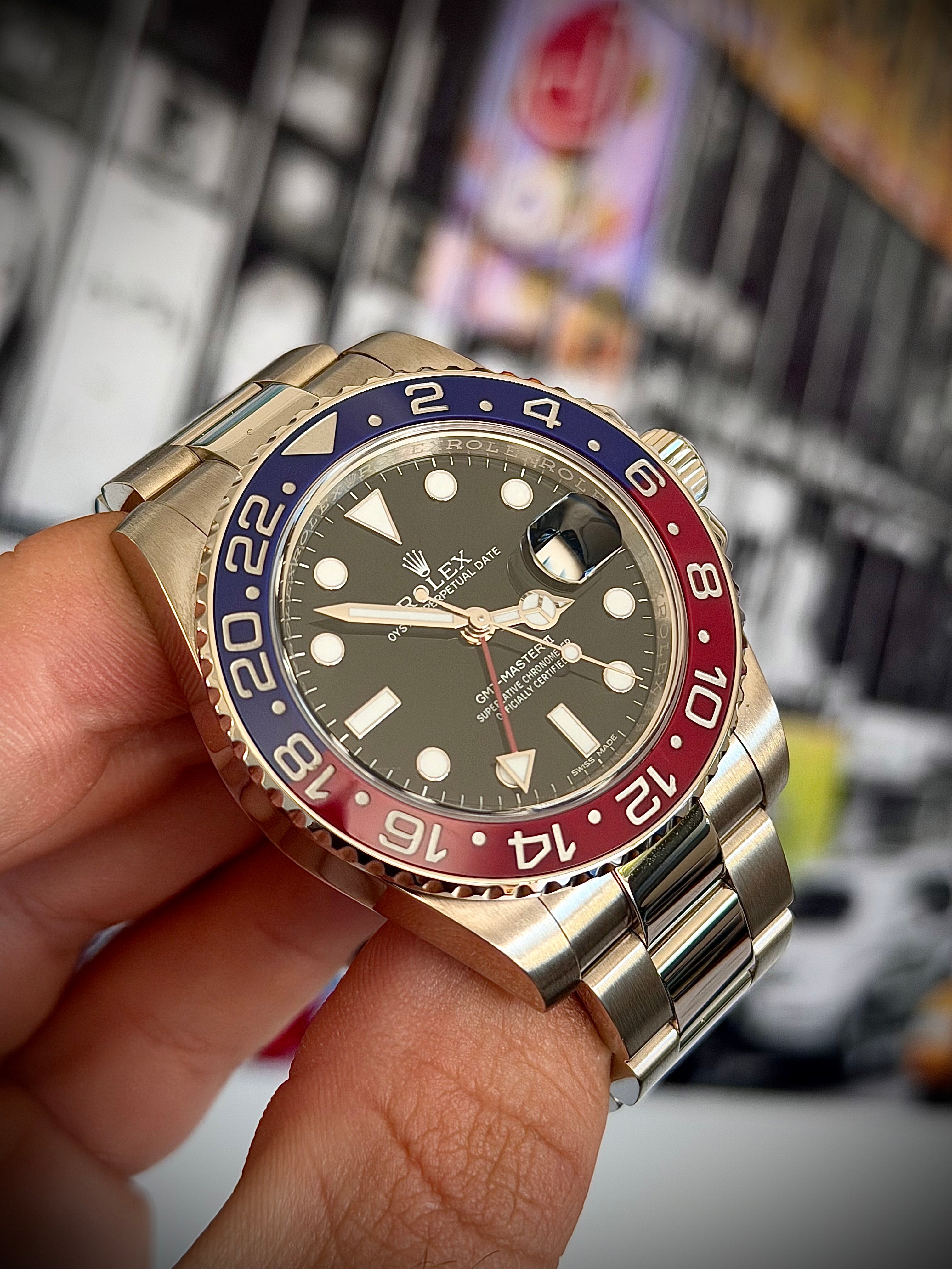 2017 ROLEX GMT MASTER II, PEPSI, WHITE GOLD, BLACK DIAL, 116719BLRO, FULL SET, INC GST