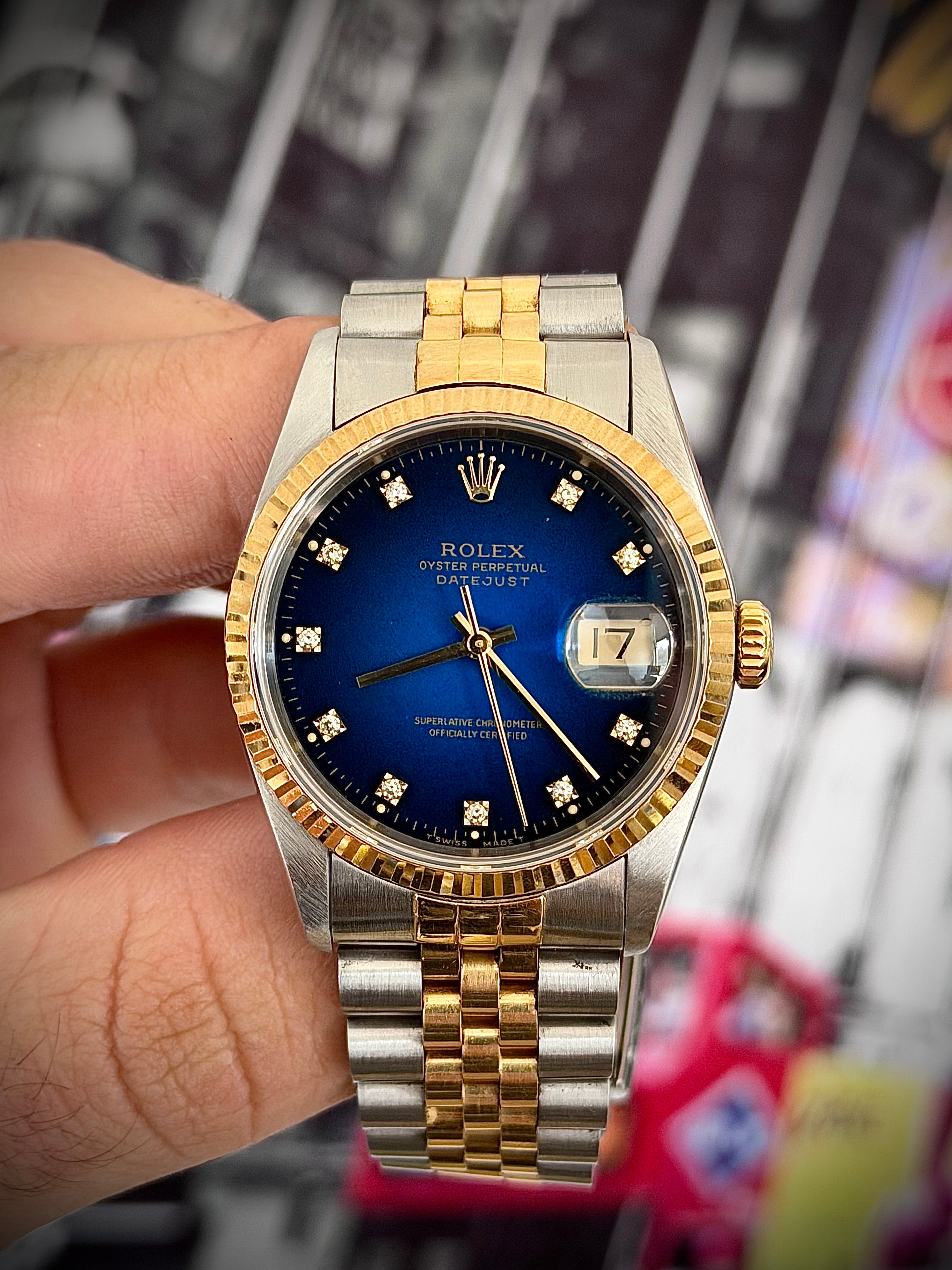 1991 ROLEX DATEJUST 36, TWO TONE, BLUE VIGNETTE DIAMOND DIAL, 16233, WATCH ONLY, INC GST
