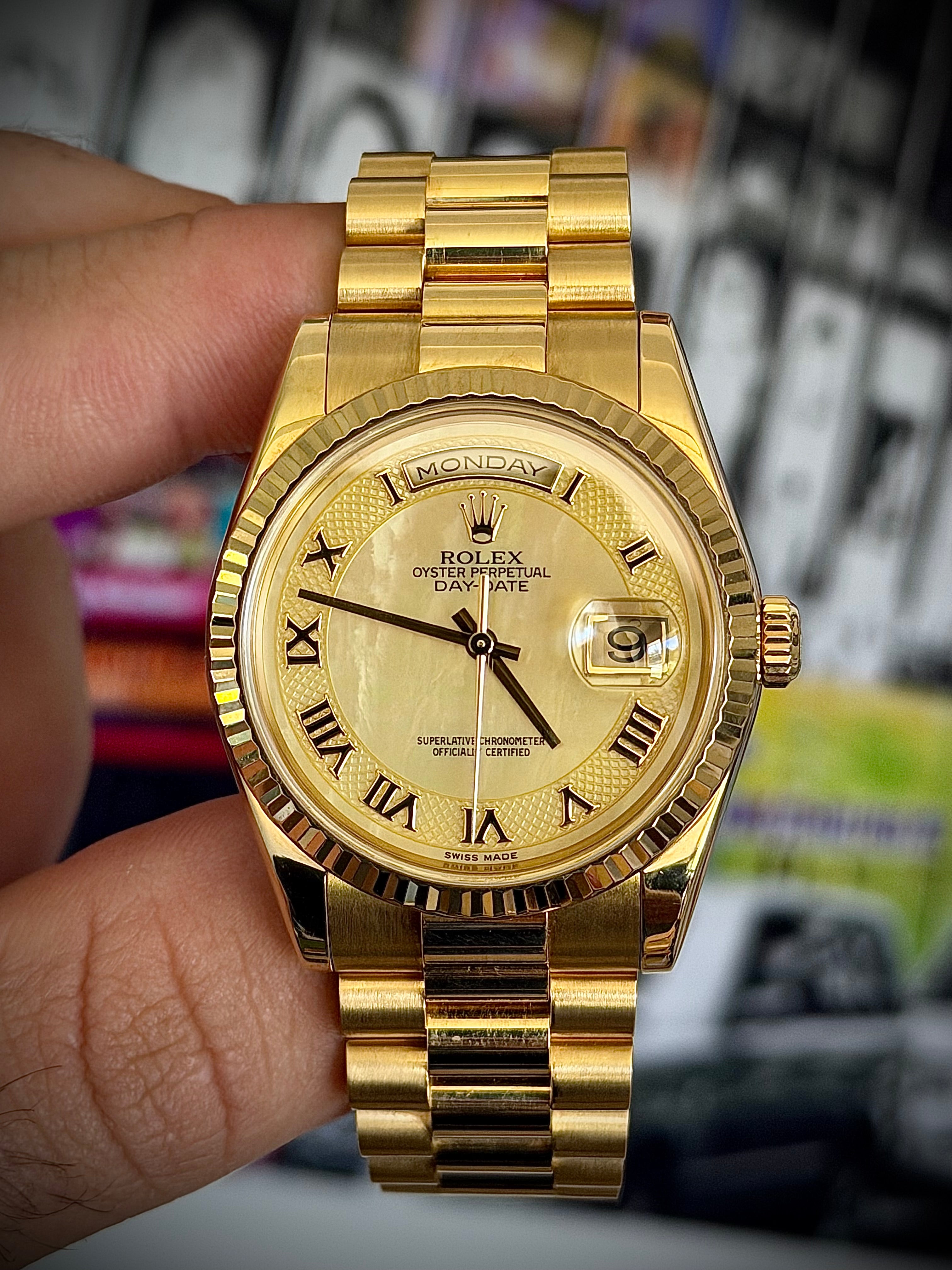 2001 ROLEX DAY-DATE PRESIDENT, 118238, FACTORY SECTOR MOTHER OF PEARL DIAL, BOX AND BOOKLETS W/ORIGINAL RECEIPT, INC GST