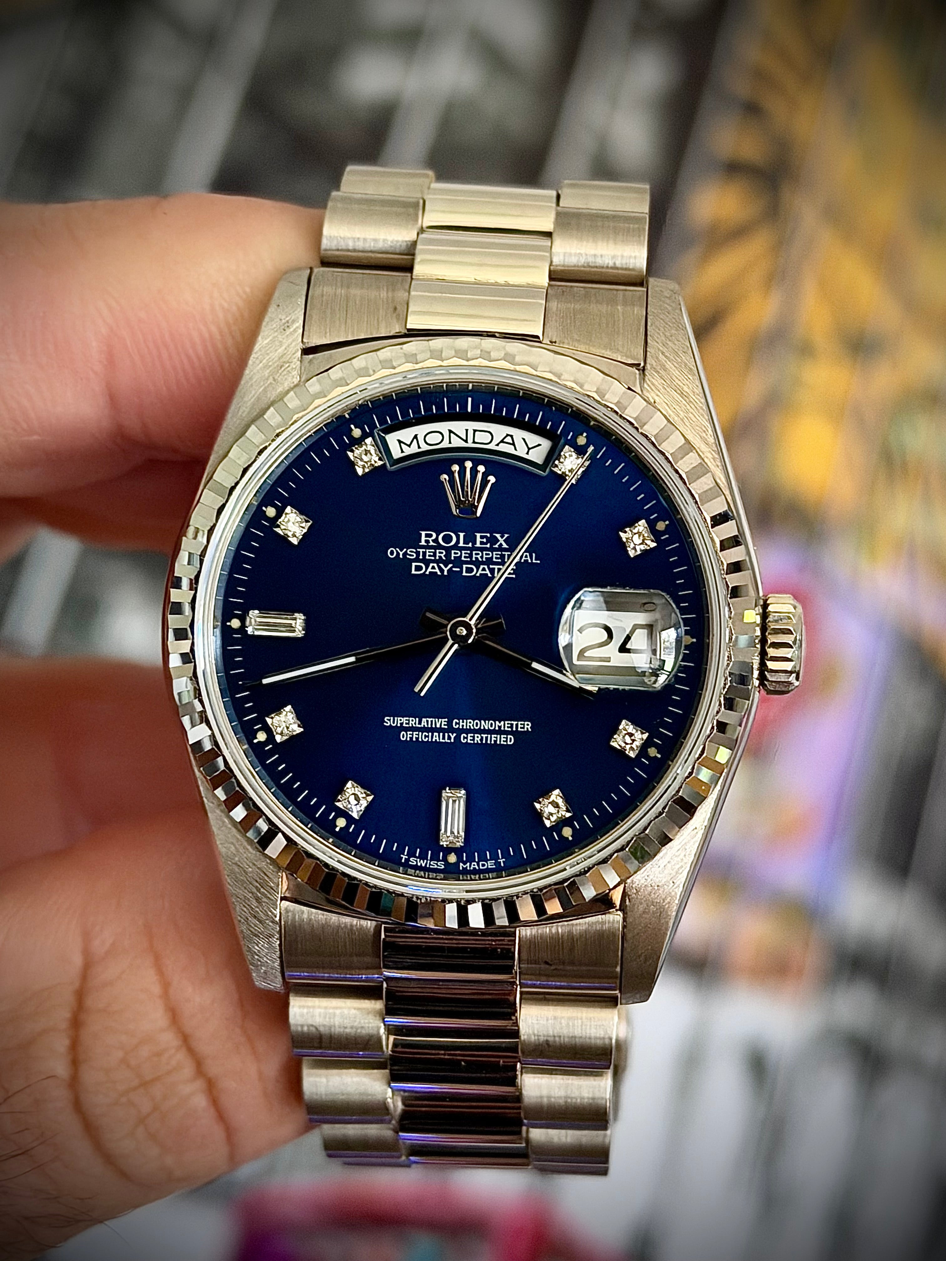 1989 ROLEX DAY-DATE 36, 18239, BLUE DIAMOND DIAL, BOX & BOOKLETS, INC GST