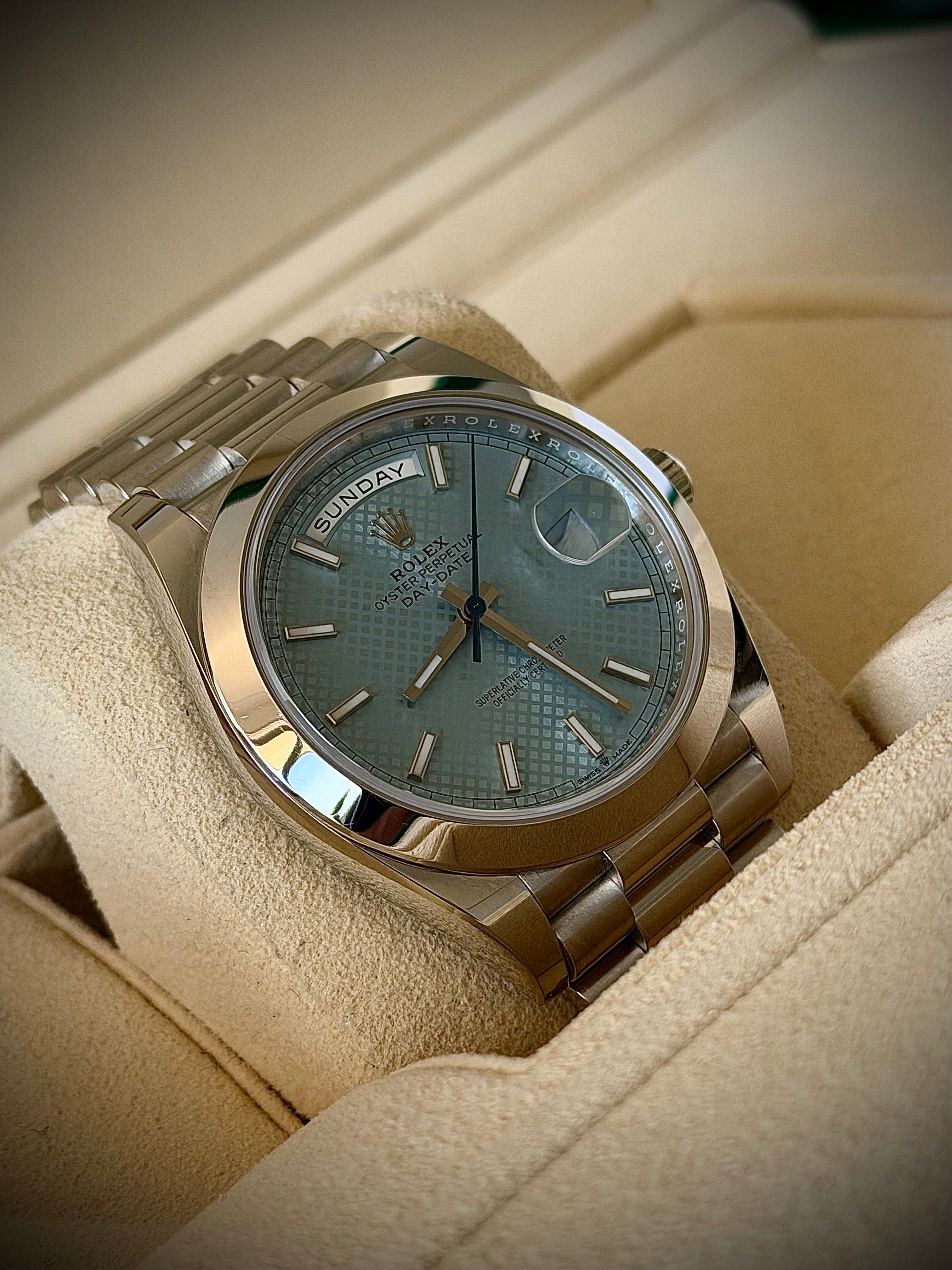 2021 ROLEX DAY DATE 40, 228206, ICE BLUE MOTIF DIAL, FULL SET, INC GST