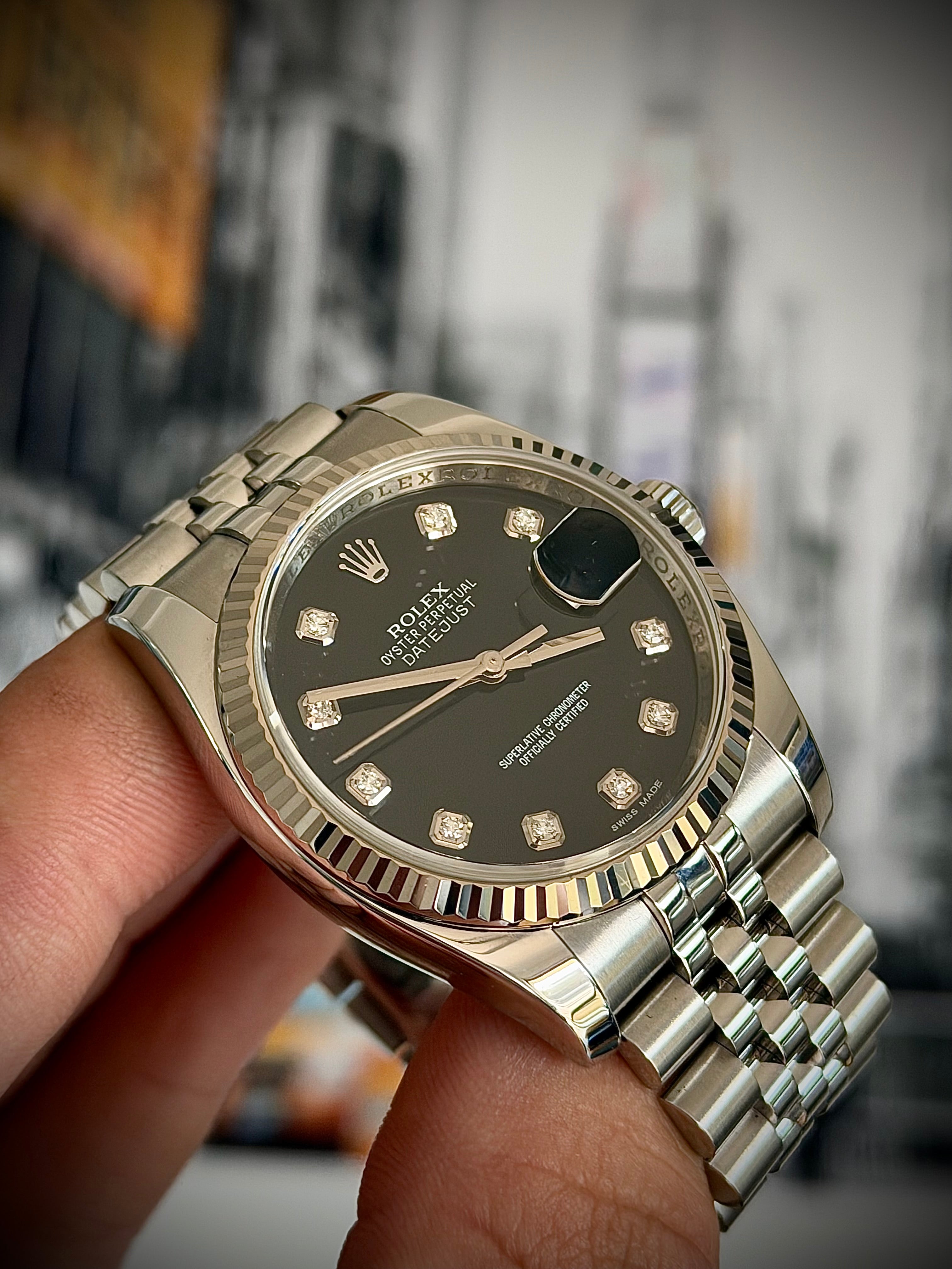 2012 ROLEX DATEJUST 36, 116234, BLACK DIAMOND DIAL, FULL SET, INC GST