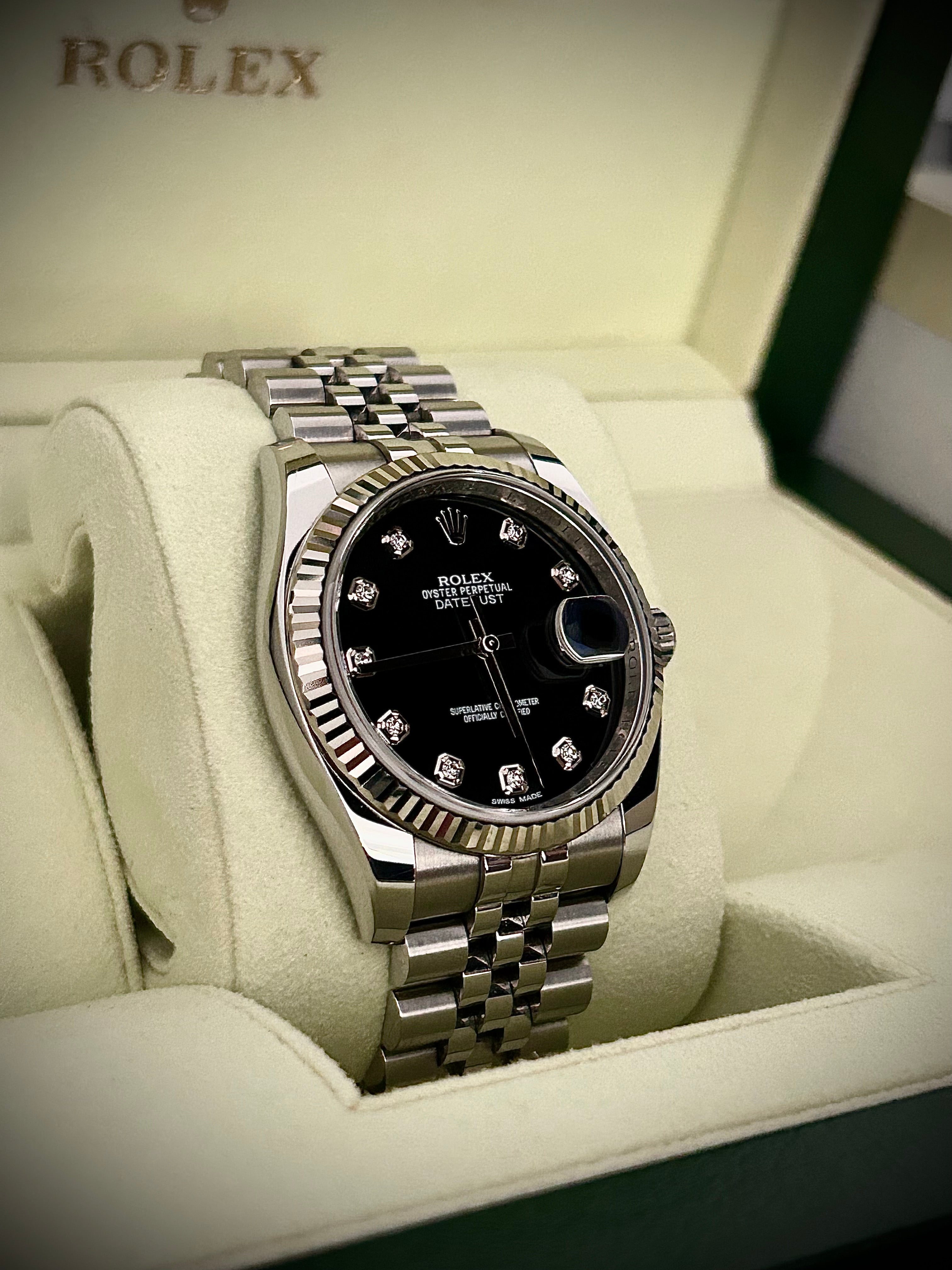 2013 ROLEX DATEJUST 36, 116234G, BLACK DIAMOND DIAL, FULL SET, INC GST