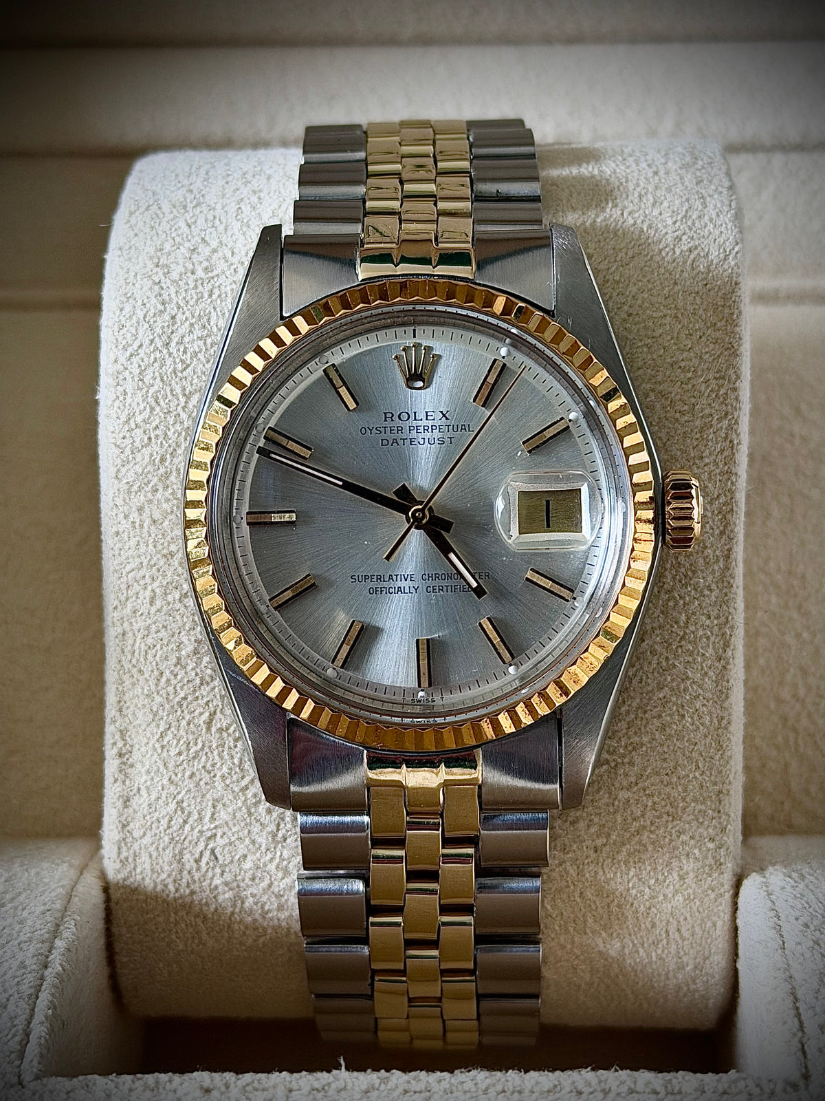 1975 ROLEX DATEJUST 36, 1601, TWO-TONE, PIE-PAN DIAL, FOLDED-LINK JUBILEE BRACELET, ROLEX SERVICE BOX, INC GST