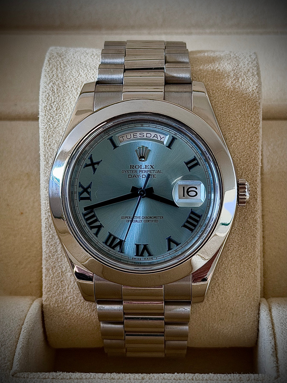 2014 ROLEX DAY-DATE II, 218206, PLATINUM, BLUE ROMAN DIAL, BOX & PAPERS, EXCELLENT CONDITION, INC GST