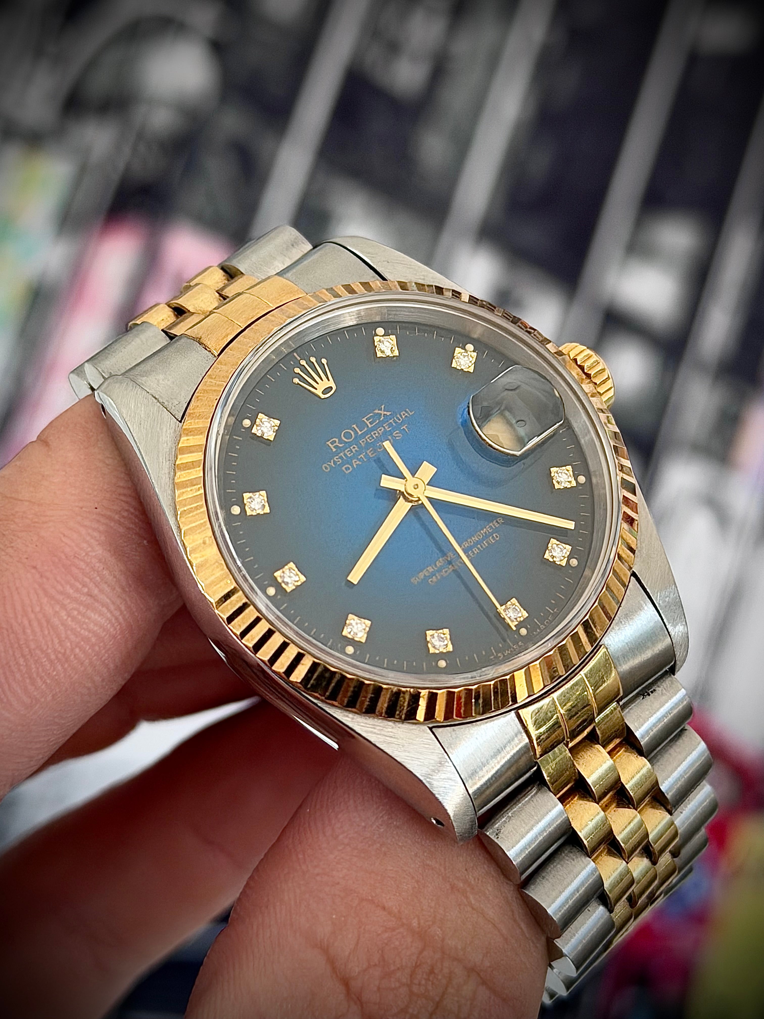 1991 ROLEX DATEJUST 36, TWO TONE, BLUE VIGNETTE DIAMOND DIAL, 16233, WATCH ONLY, INC GST