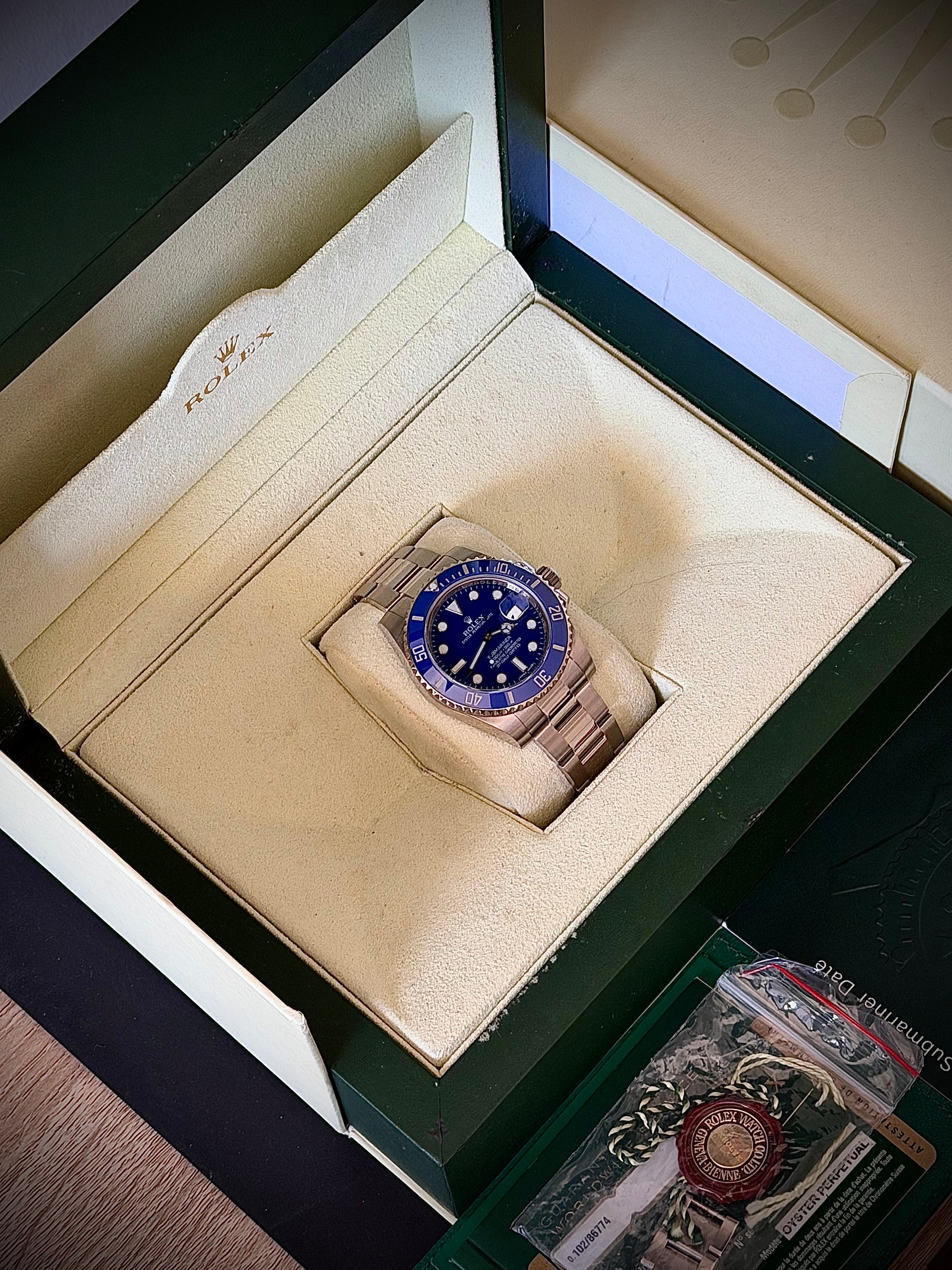 2010 ROLEX SUBMARINER DATE, 116619LB, SMURF, FULL SET, INC GST