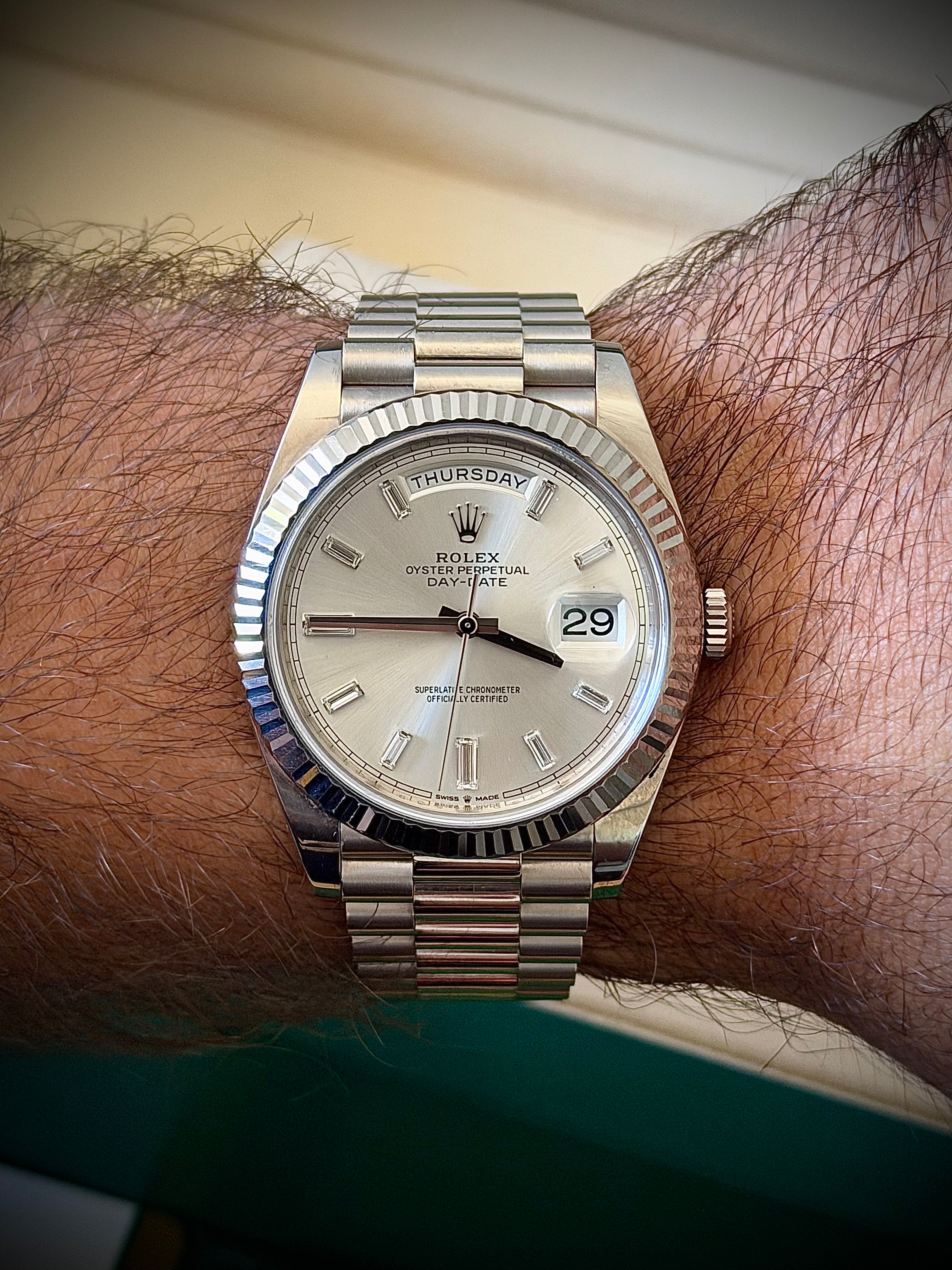 2020 ROLEX DAY-DATE 40, 228239, SILVER DIAMOND BAGUETTE DIAL, FULL SET, INC GST