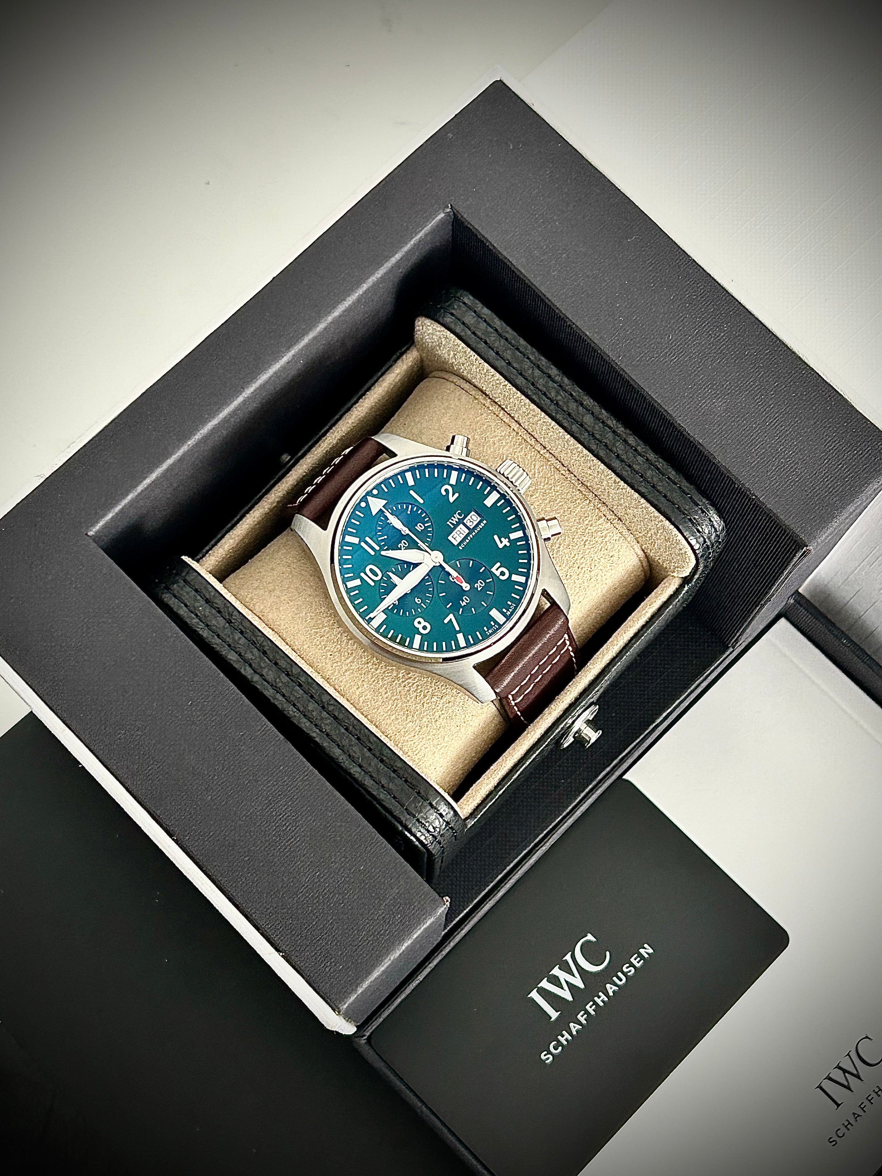 2023 IWC PILOTS WATCH CHRONOGRAPH, GREEN DIAL, IW388103, FULL SET, INC GST
